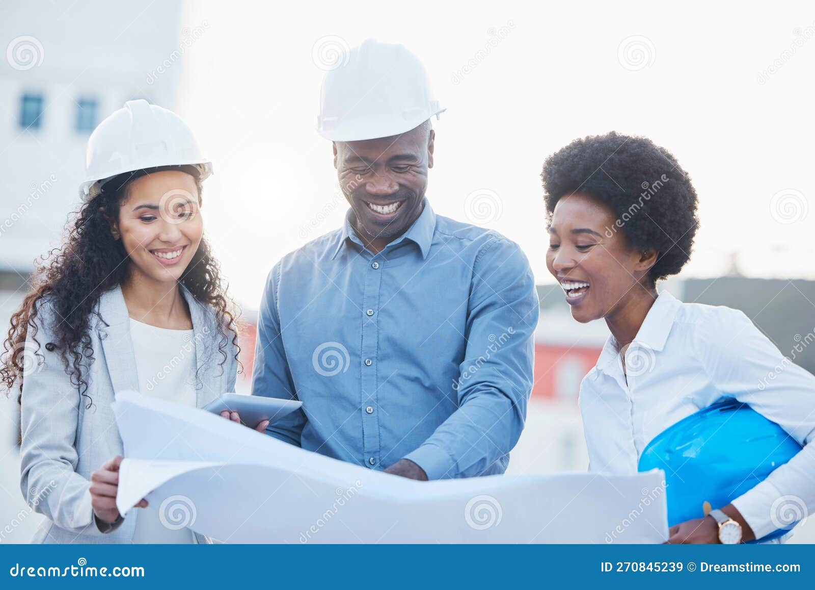 Engineering, Blueprint or Funny Team on Construction Site in Collaboration for Real Estate