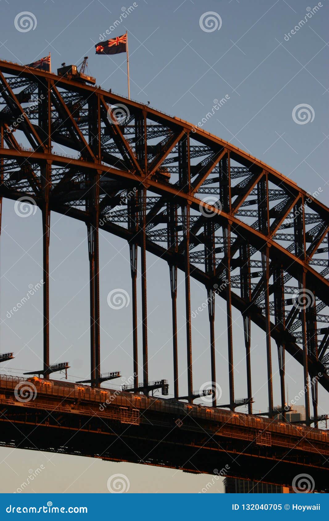 Historic Steel Truss Arch Bridge with Crane and New South Wales Flag on