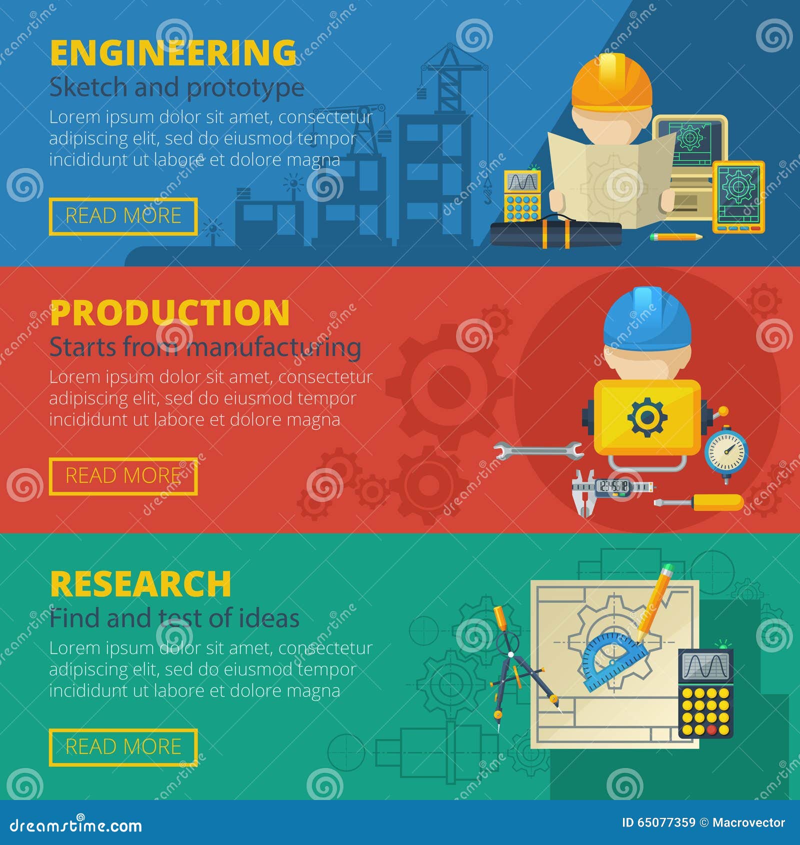 .Engineering 3 Horizontal Flat Banners Set Stock Vector Illustration