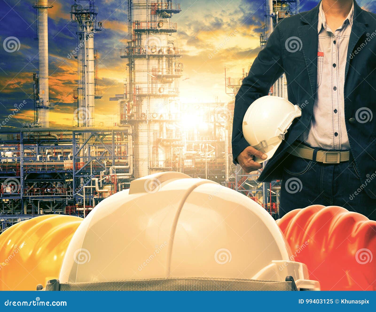 engineering man and safety helmet against oil refinery industries plant