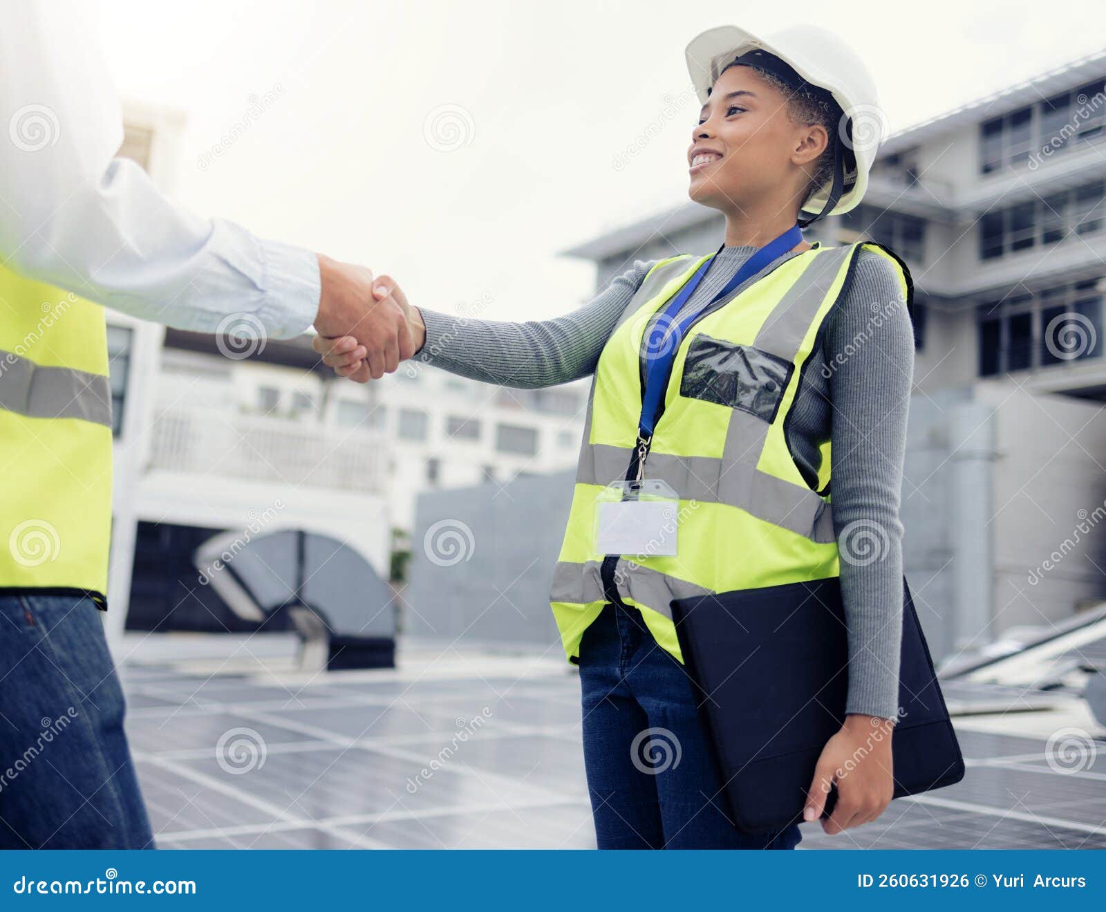 Engineering Team Handshake, Black Woman at Solar Panel Construction