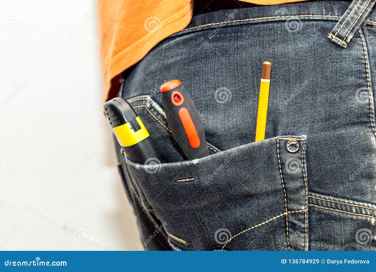 Engineering Work Tool in the Back Pocket of the Jeans. Pencil