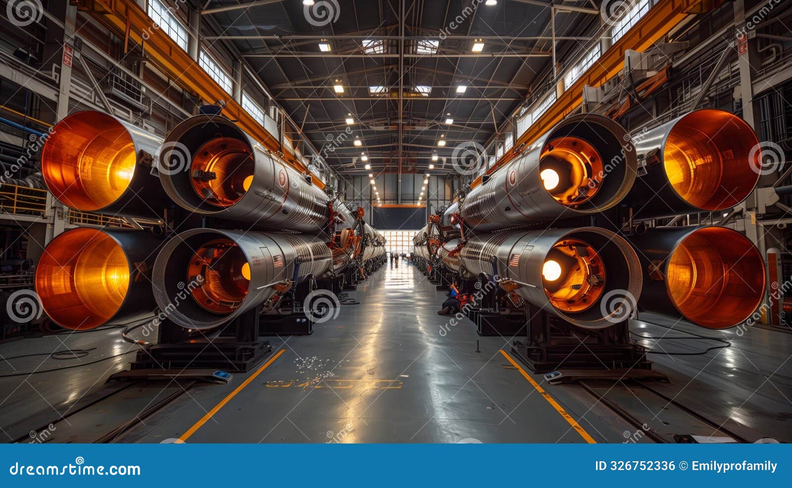 engineers conduct stress tests on reusable rocket engines in a spacious factory
