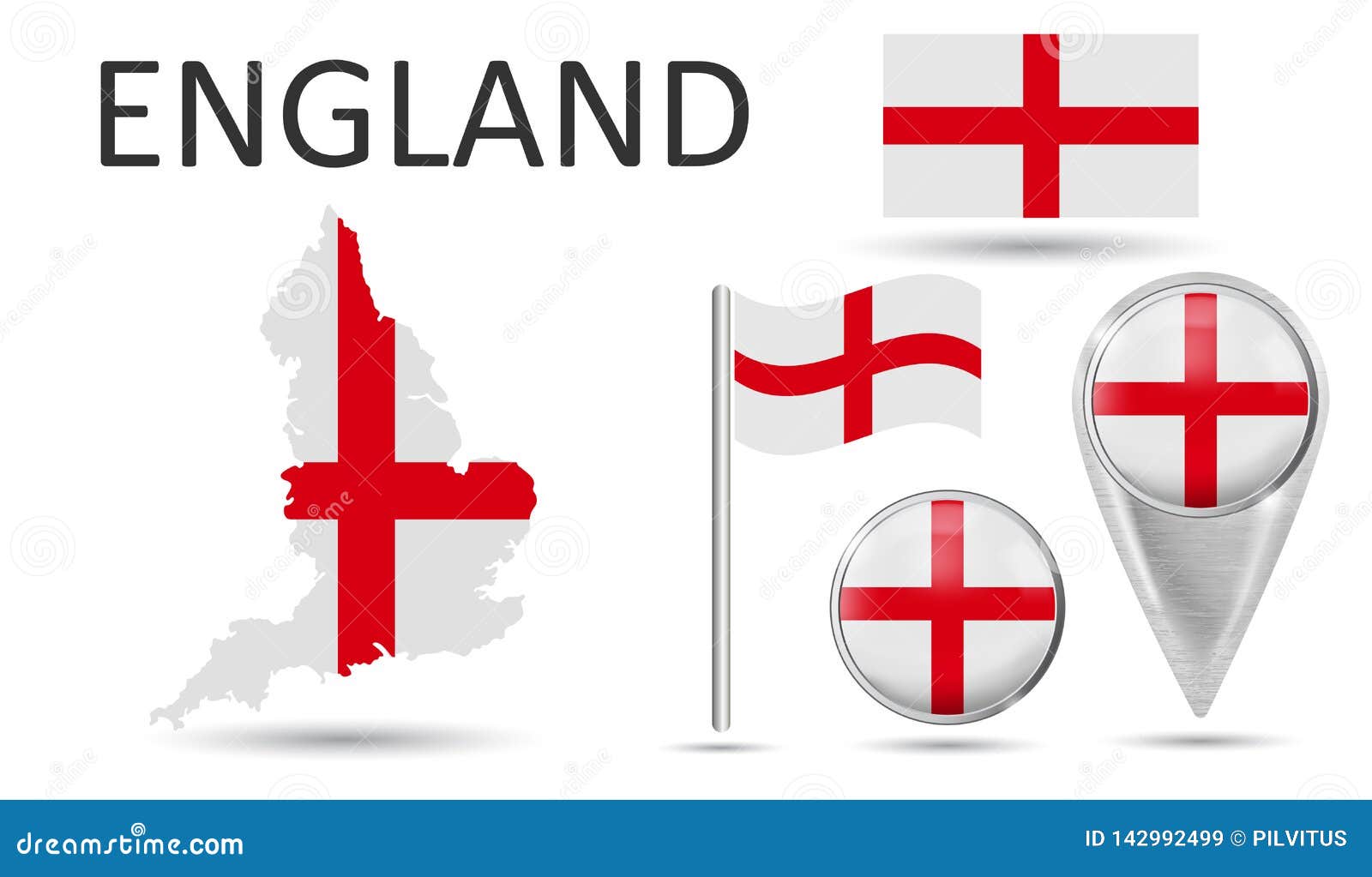 ENGLAND. Flag, Map Pointer, Button, Waving Flag, Symbol, Flat Icon and