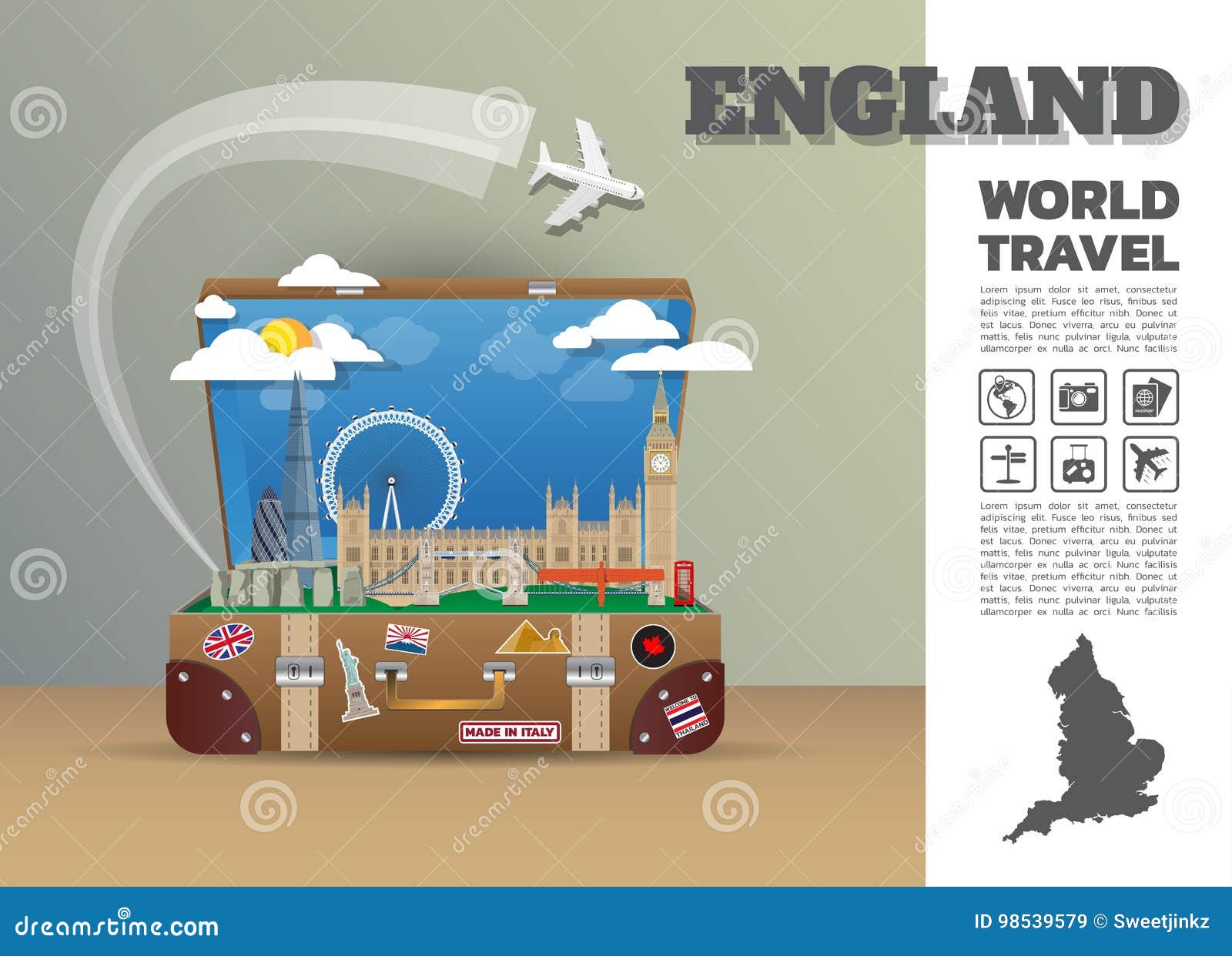 England Landmark Global Travel and Journey Infographic Luggage.3D