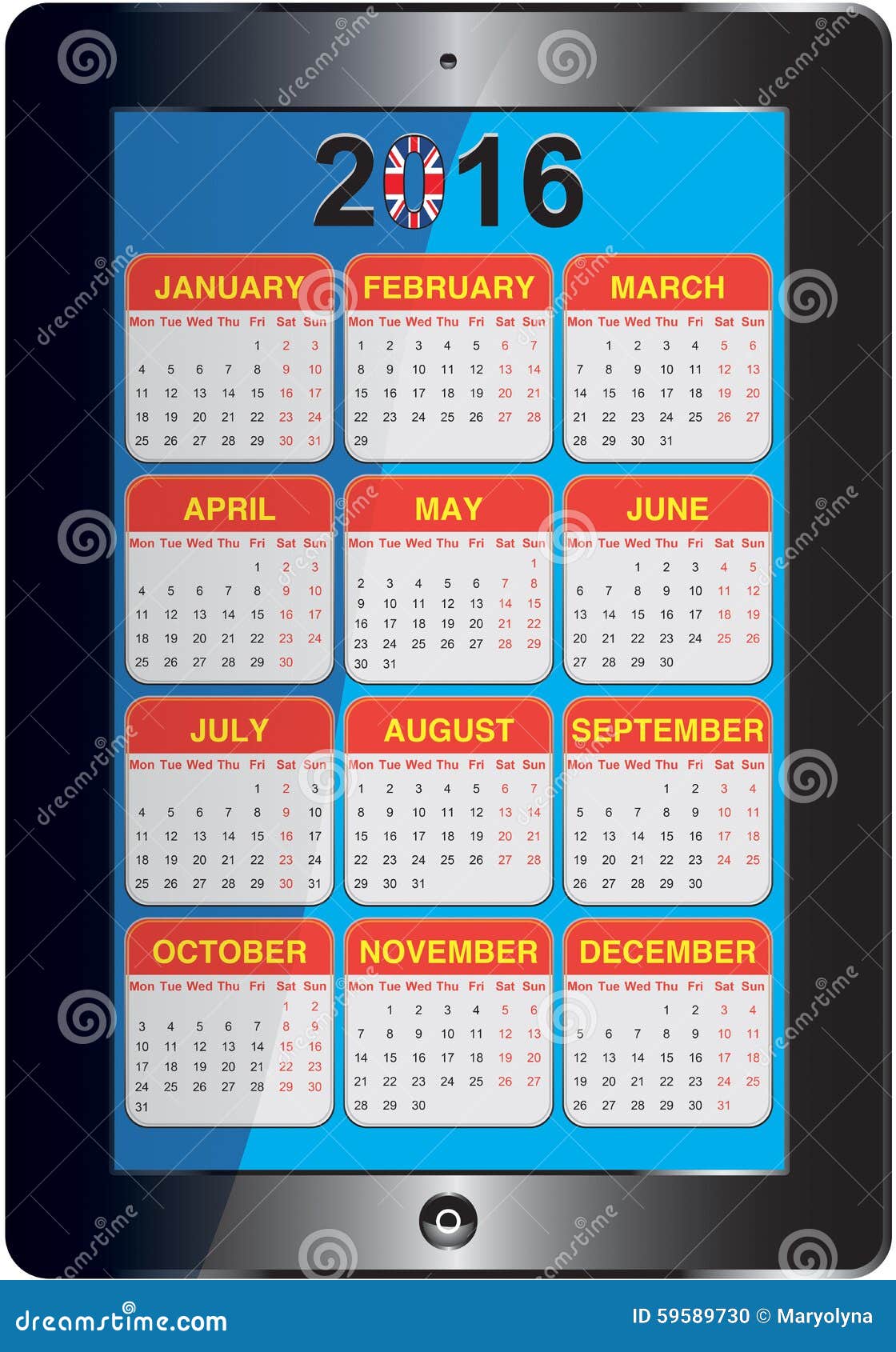 Englischer Kalender 2016 stock abbildung. Illustration von april - 59589730