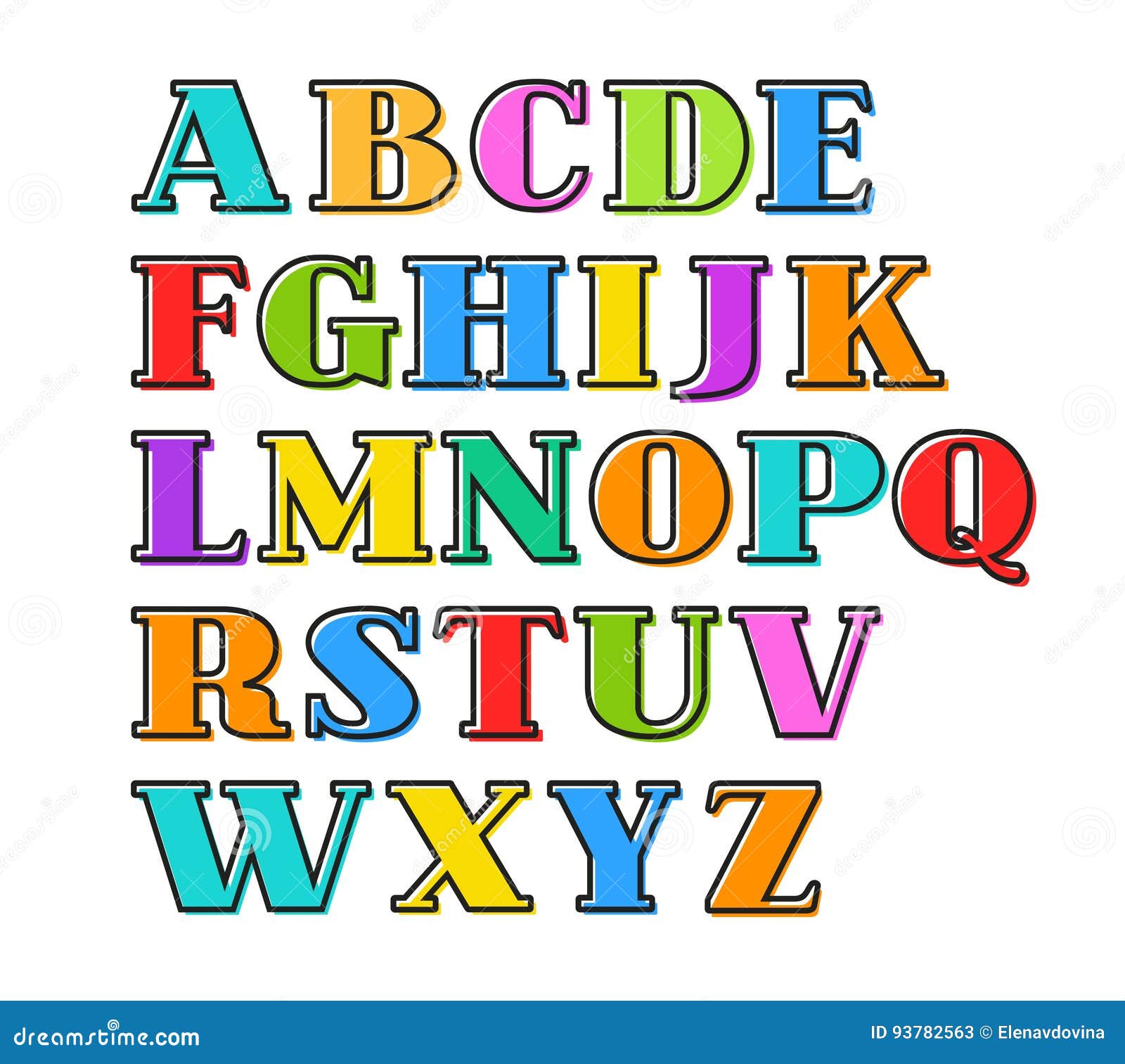 English Alphabet Colorful Letters, Black Outline, . Stock Illustration ...