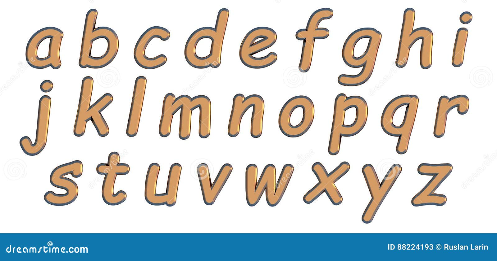 English Alphabet In Gold Lower Case Letters, Custom 3D