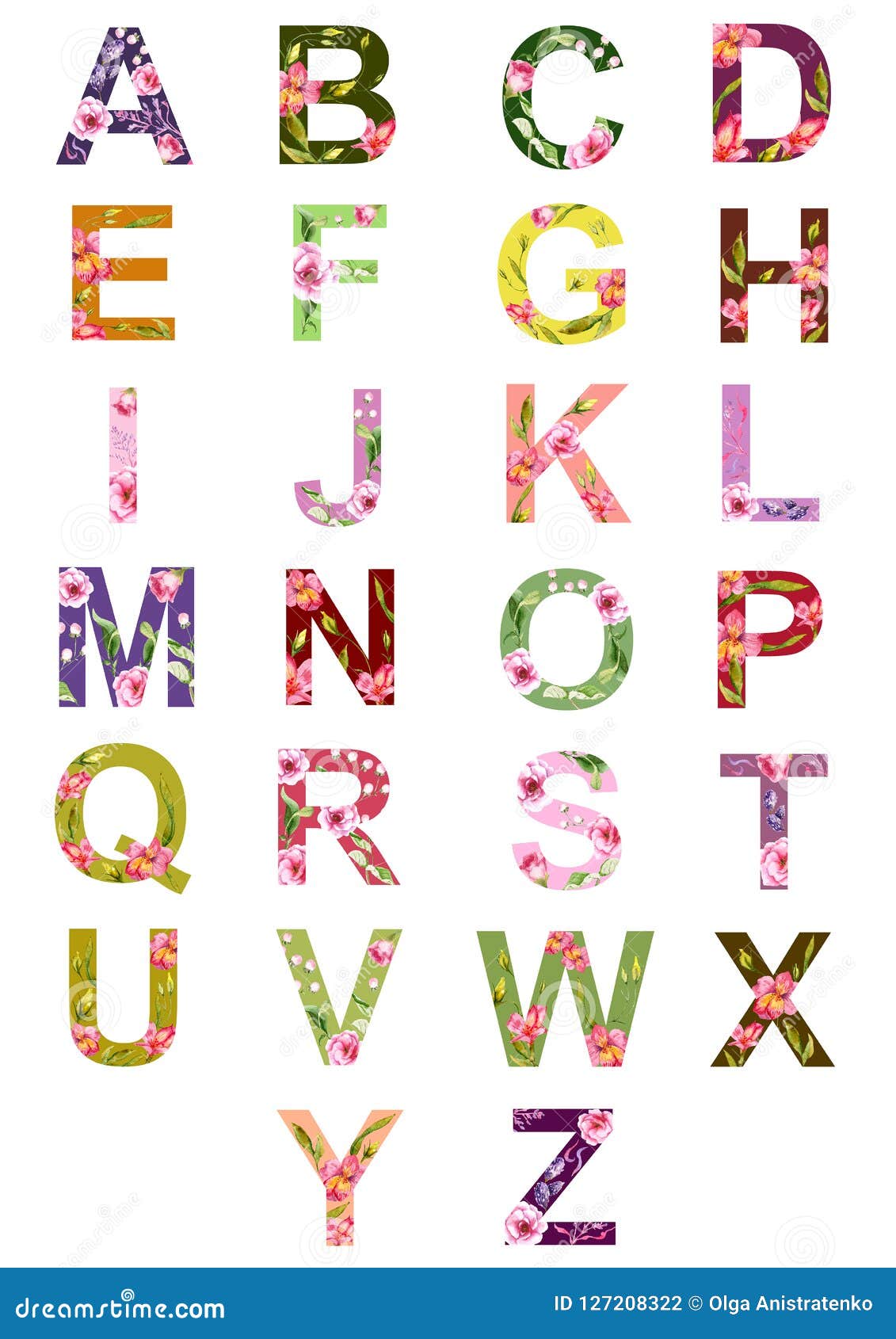 English Alphabet Made from Watercolor Flowers, Sketsh Stock ...