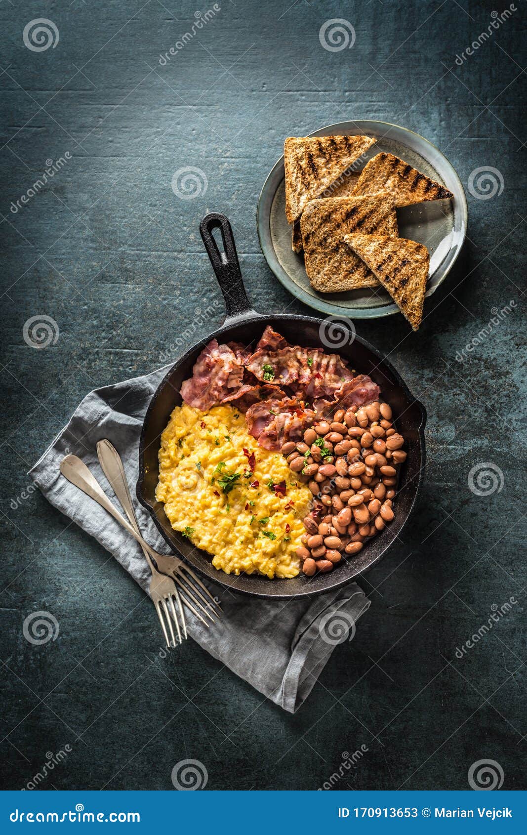 English Breakfast Scrambled Eggs Grilled Bacon Beans And Toast Bread Top Of View Stock Image Image Of Calories Cooked