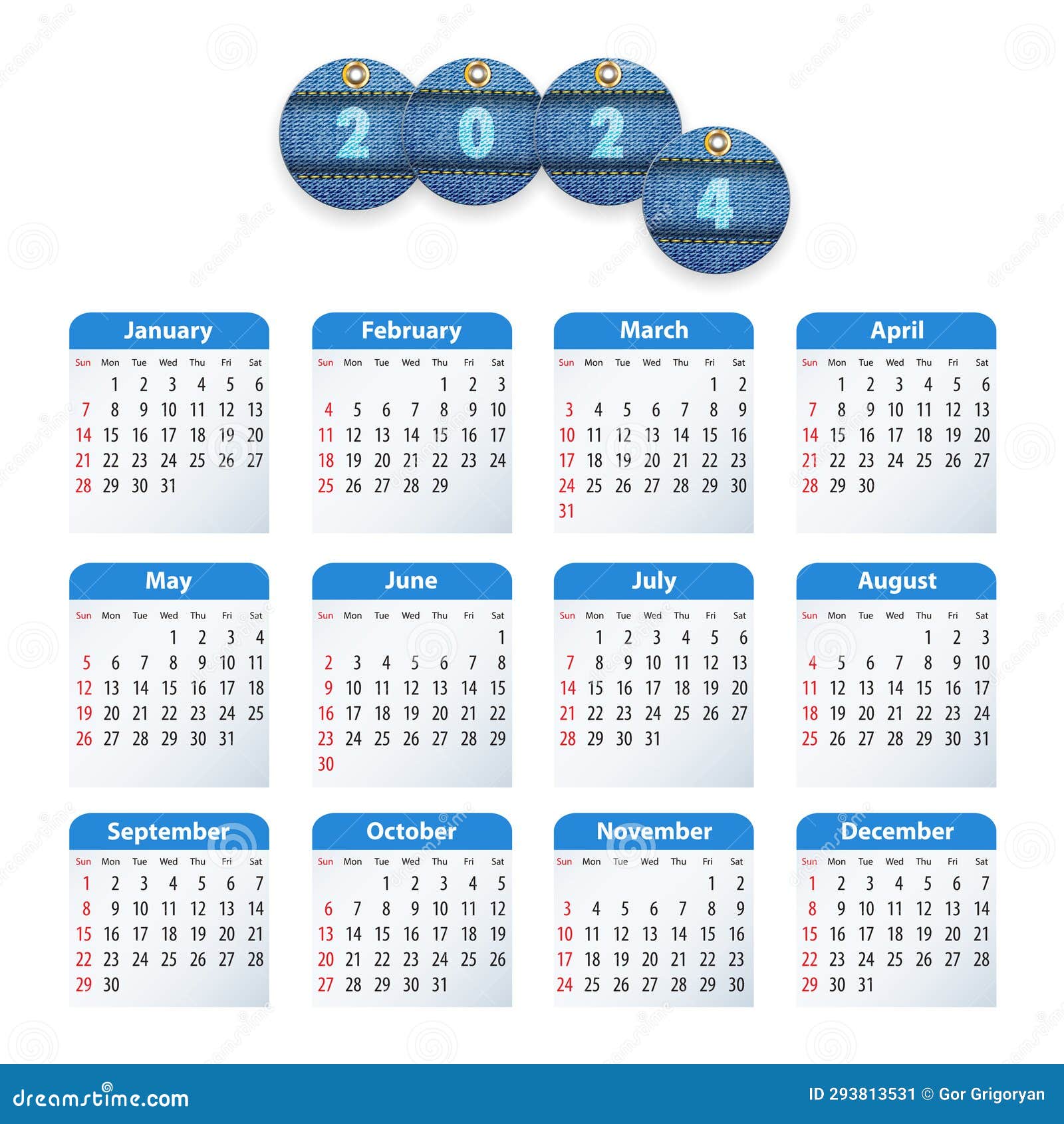English Calendar 2024 with Circle Jeans Tags Stock Image Illustration