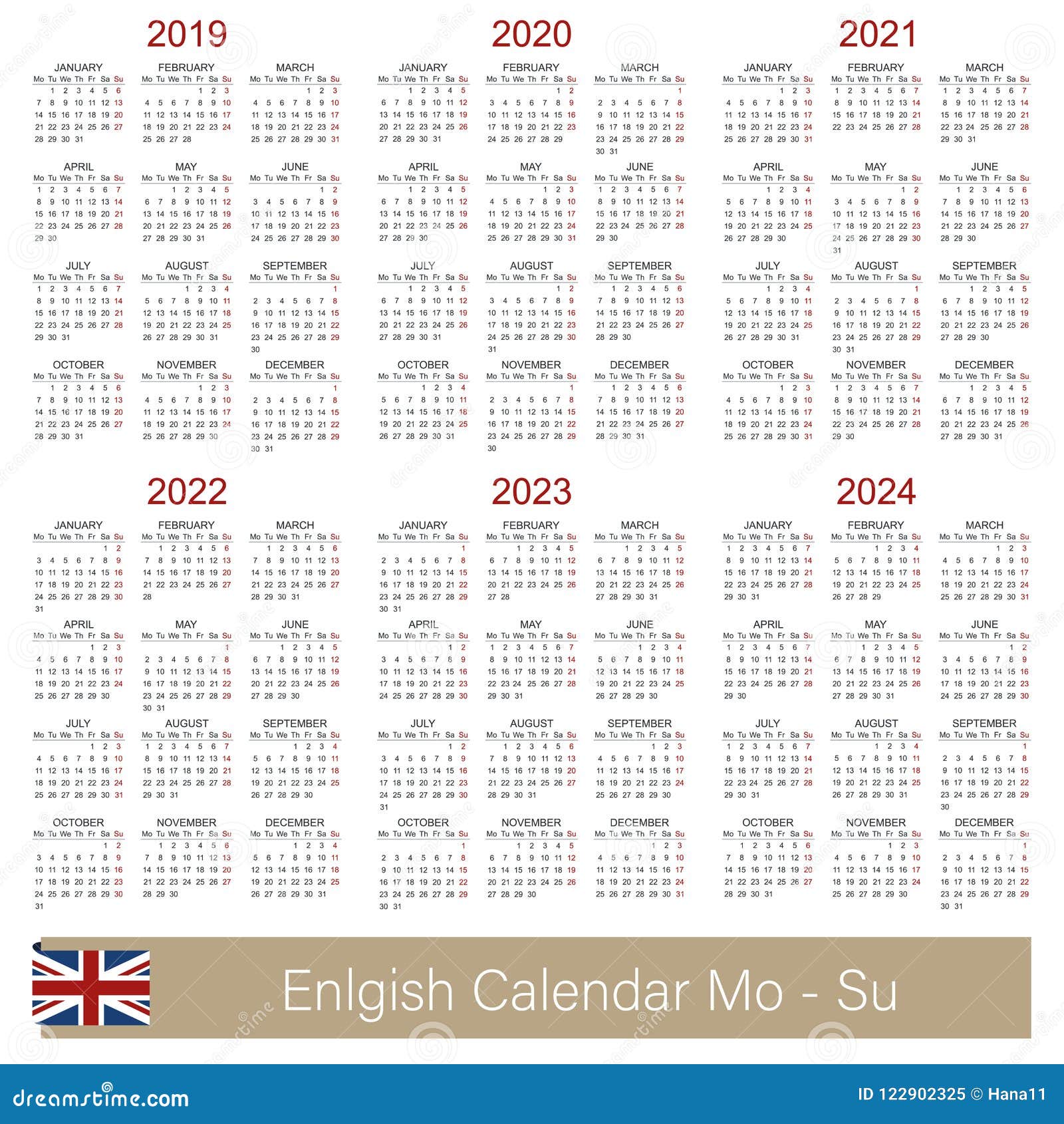 English Calendar 2019 2024 Stock Vector Illustration Of England 122902325 free english 1 year calendar for 2019 and 2021 each
