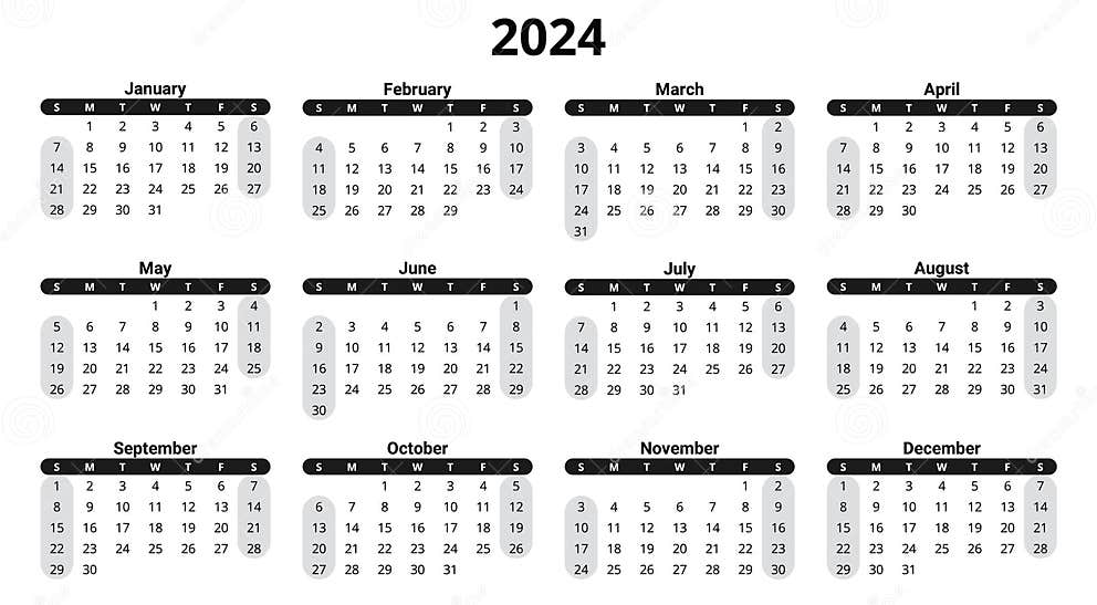 2024 English Calendar, Horizontal. Week Starts Sunday Stock