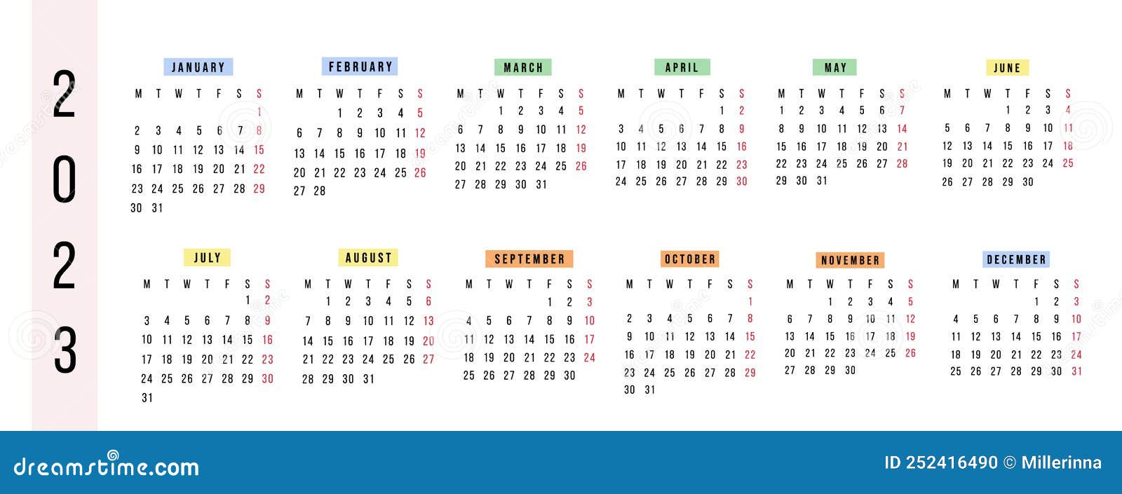 English Calendar 2023 Year. Vector Horizontal Stationery Calendar Week
