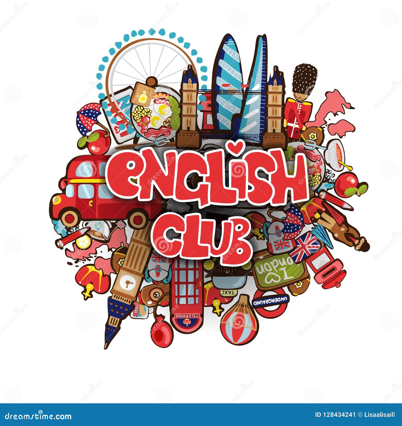 English Club Educational Concept. English Club Phrase on Cartoon Doodle  Objects in London Theme - Big Ben, London Tower Editorial Photo -  Illustration of group, communication: 128434241