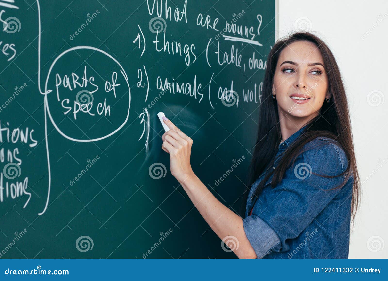 english courses. language school. teacher writing on chalkboard.