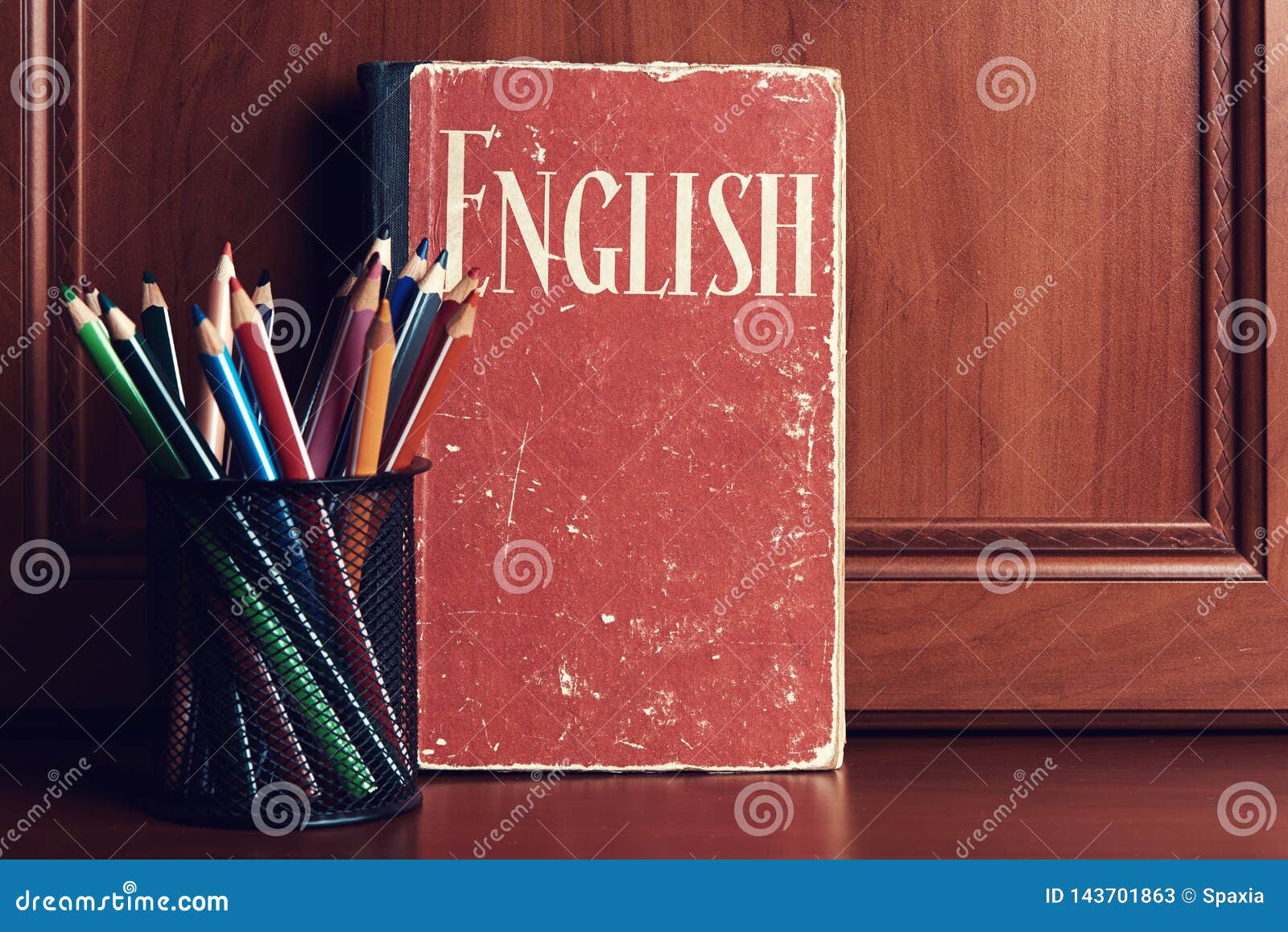 English Dictionary with Pencils on a Wooden Table Stock Image Image