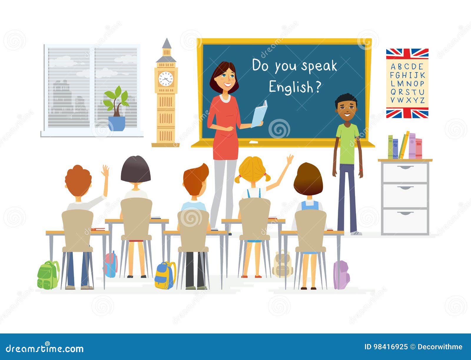English Lesson. Teacher Near Blackboard In Classroom. Cartoon Vector