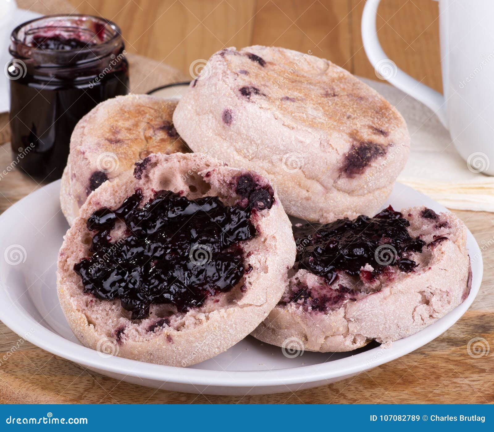English Muffins with Blueberry Jam Stock Image Image of closeup, food