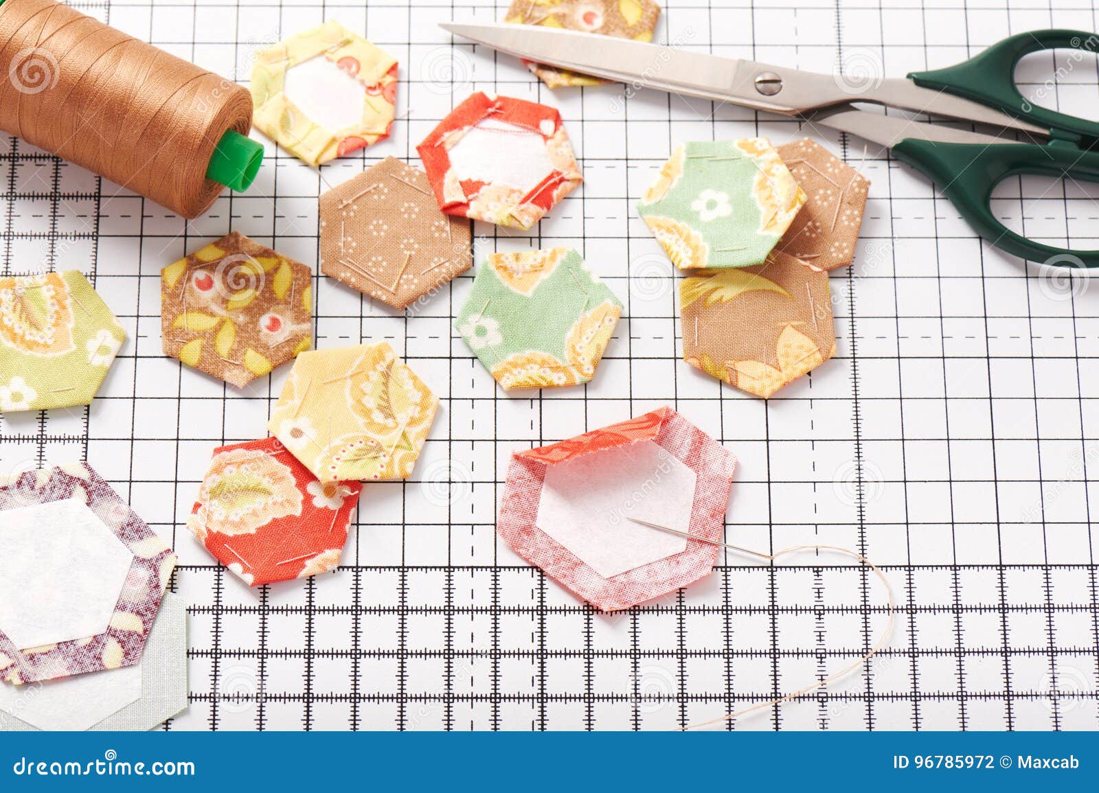 English Paper Pieced Hexagons on White Craft Mat Stock Photo Image of