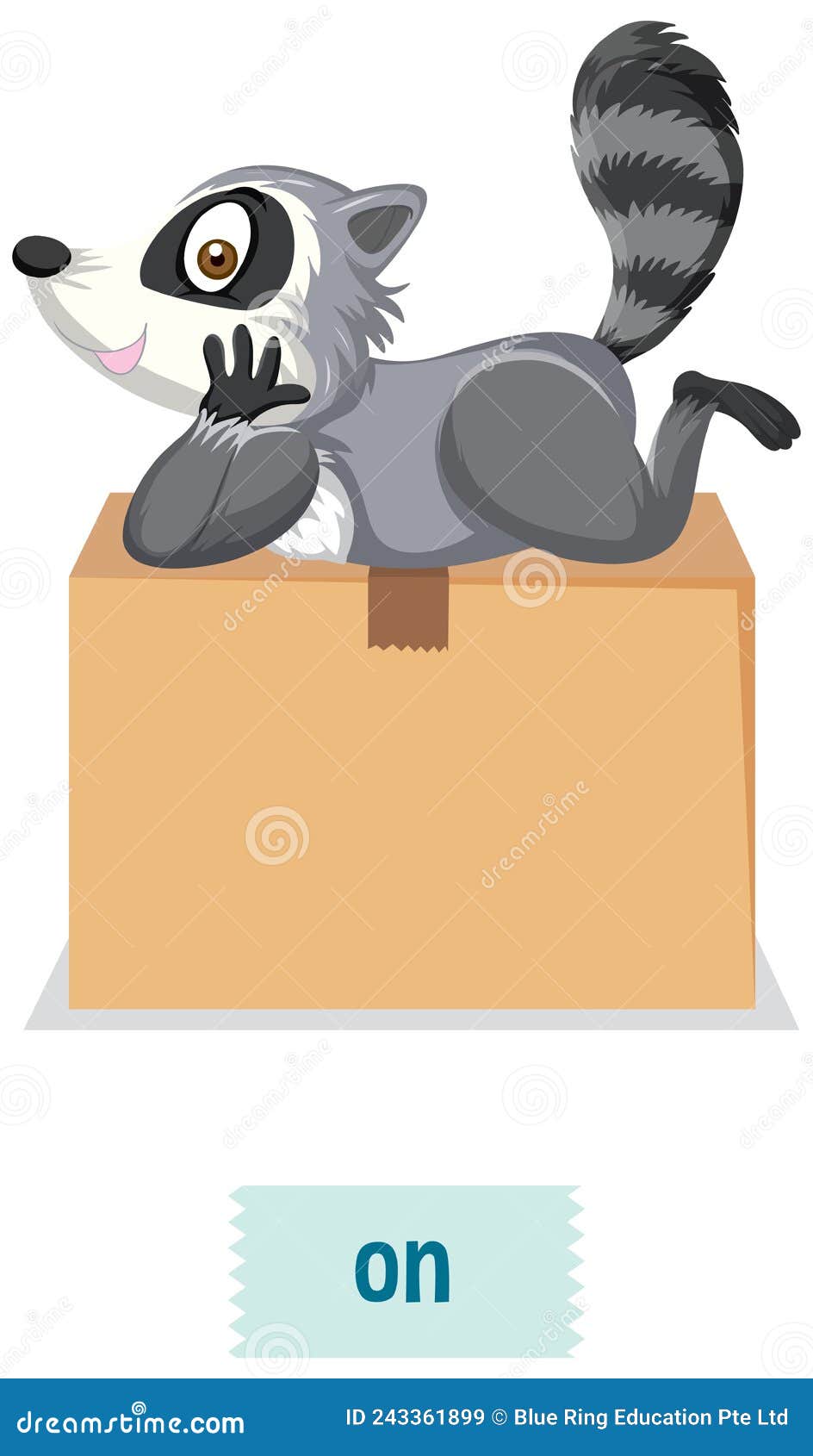 english prepositions, raccoons lie down on the boxes