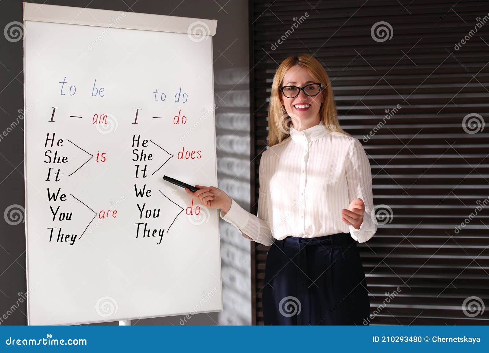 English Teacher Near Whiteboard in Class at Lesson Stock Photo Image