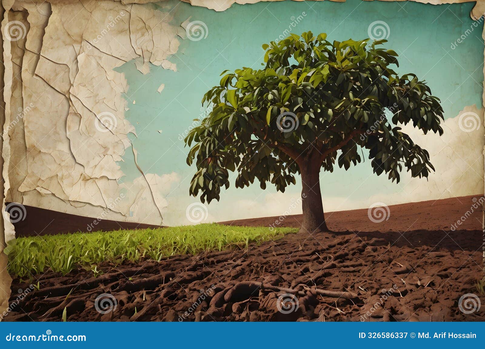 texture vintage cocoa tree and nature field on torn paper background generative by ai