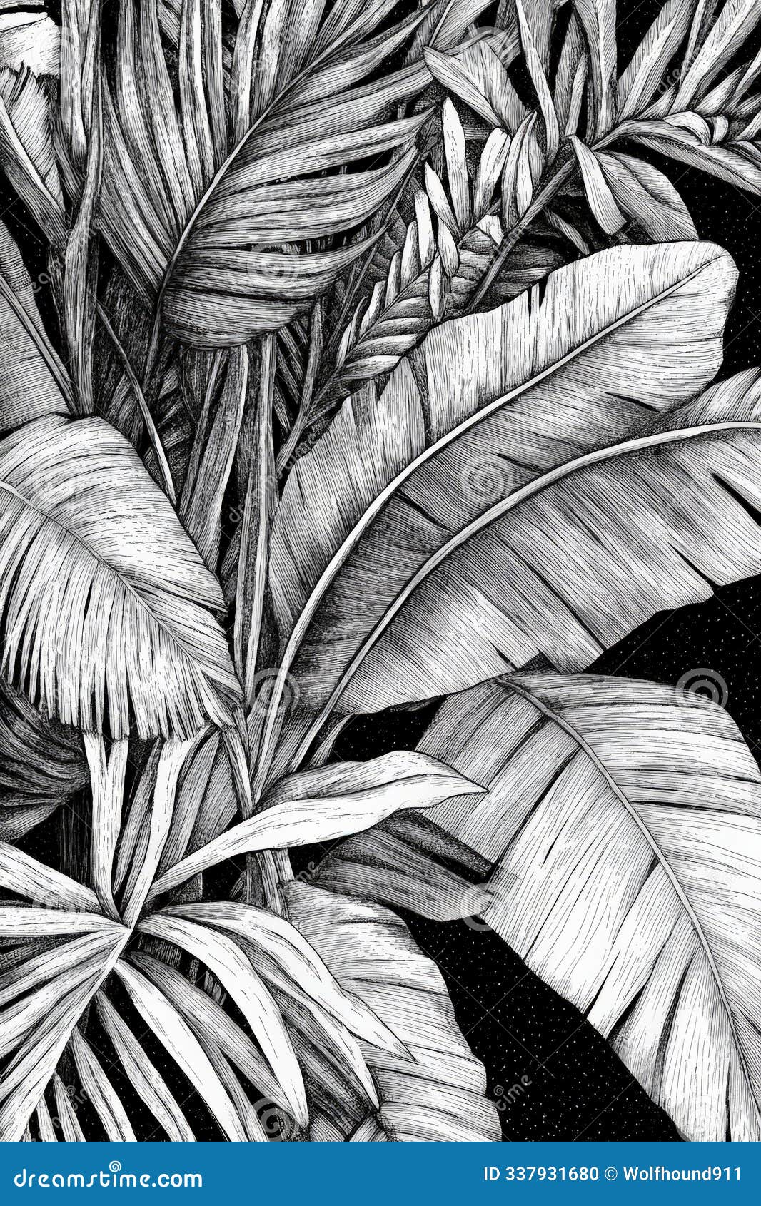 engraved tropical palm and banana leaves with fine cross-hatching and detailed line work, creating