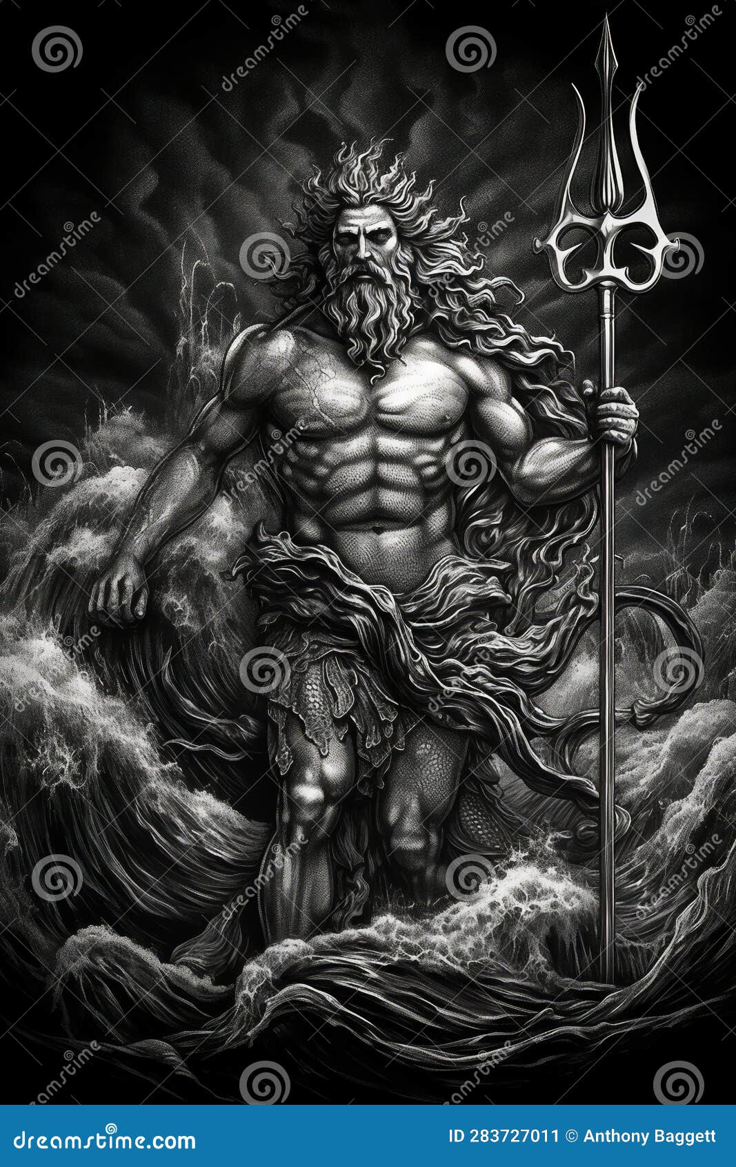 engraving portrait of neptune the roman god of the sea who's greek equivalent is poseidon