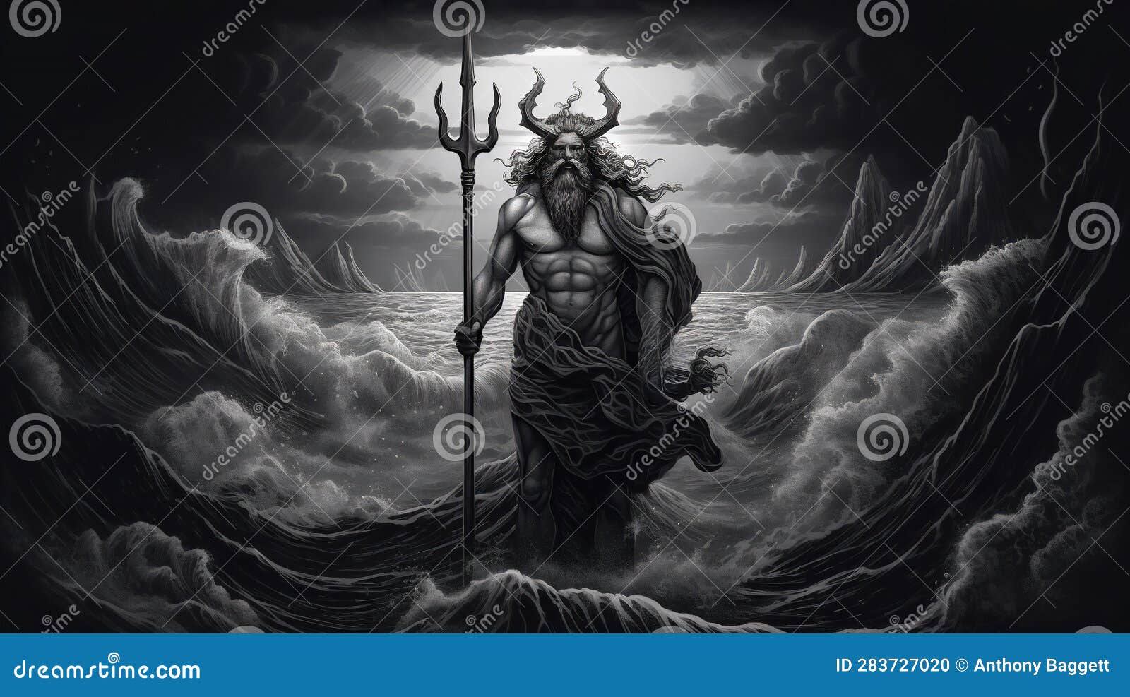 engraving portrait of neptune the roman god of the sea who's greek equivalent is poseidon