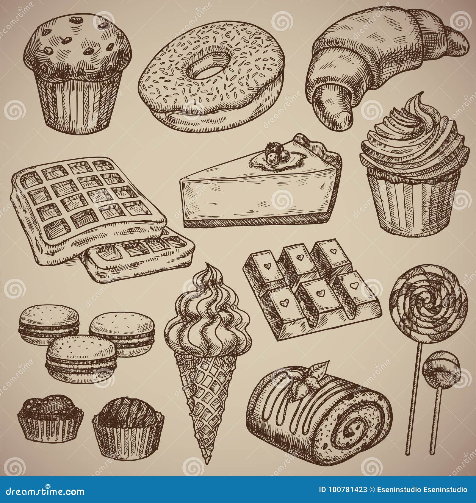 engraving a sweet set: muffin, donut, croissant, waffles, cheesecake, capcake, macaroons, chocolate bar, two chocolate