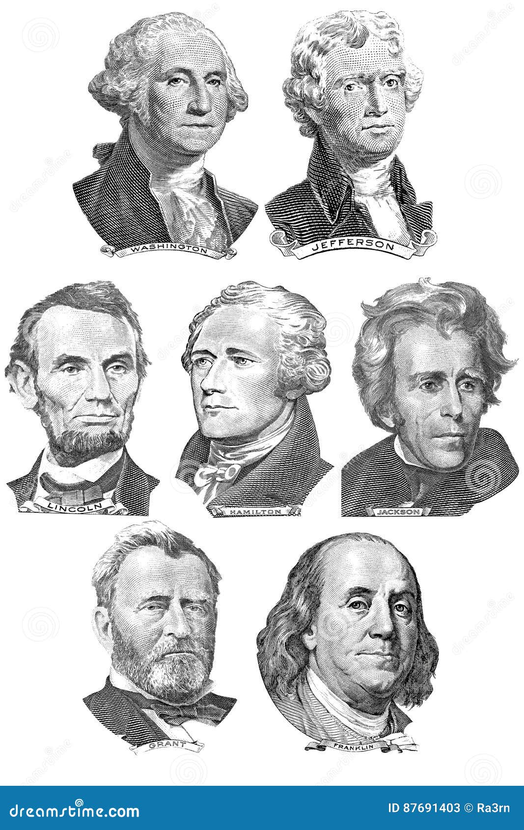 engravings of portraits of seven presidents