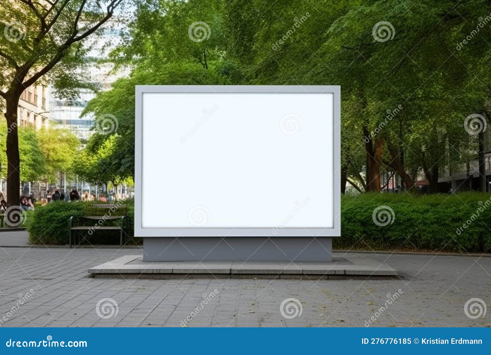 modern glass signboard: serene city square, verdant trees, and cozy benches