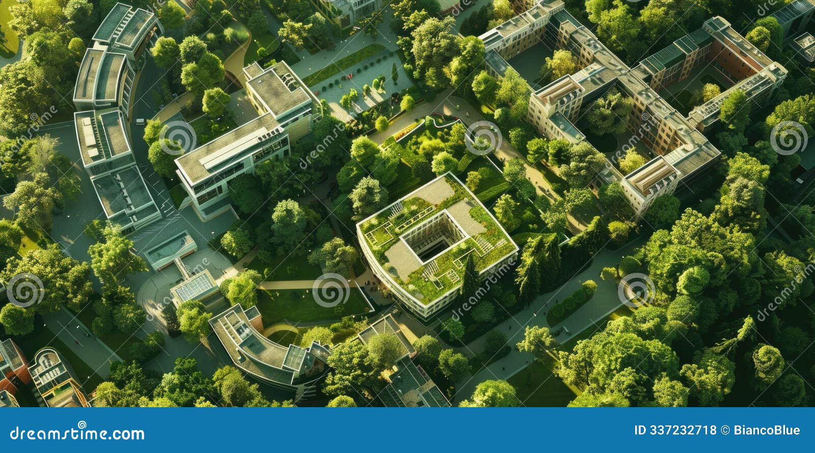 enjoy an aerial view of a vibrant green university campus with modern architecture and lush foliage aig59
