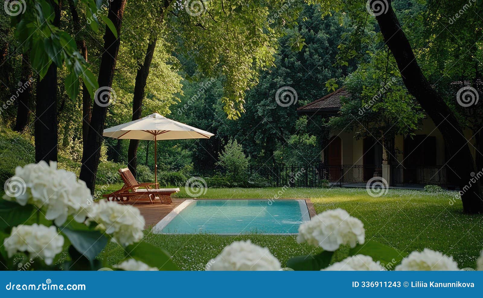 enjoy the peaceful ambiance of a modern rectangular pool, framed by lush grass and blooming white hydrangeas, with a