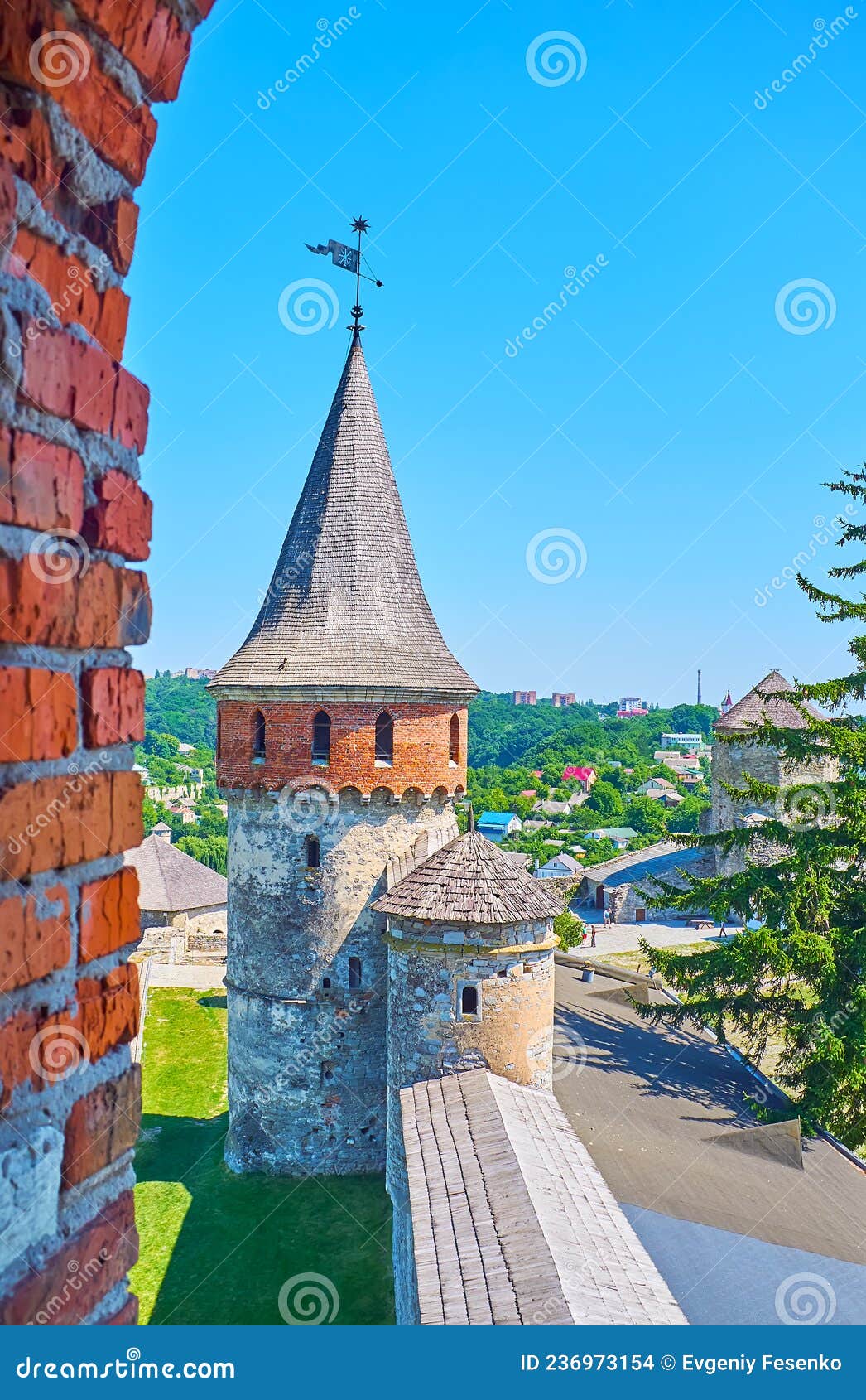 the view on commandant`s and lanckoronska towers of kamianets-podilskyi castle, ukraine
