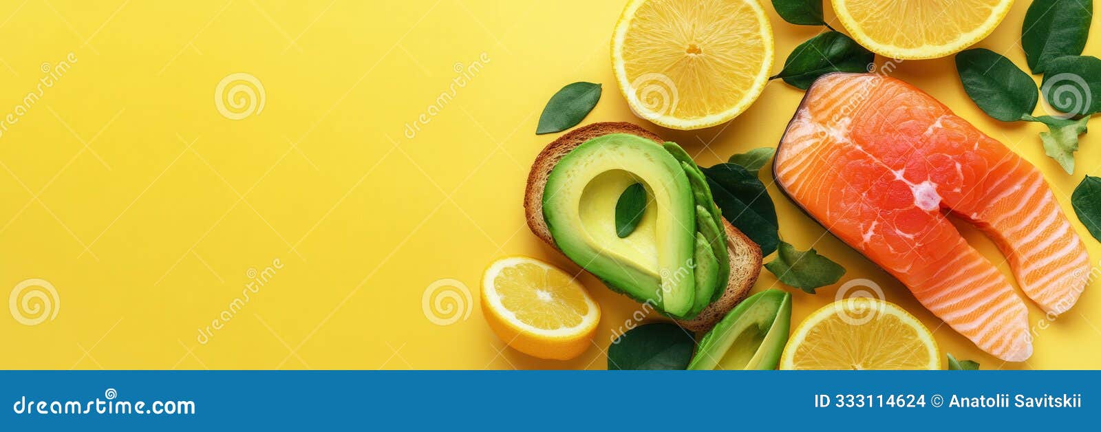 enjoy a vibrant breakfast featuring creamy avocado toast, fresh salmon, and zesty citrus slices on a cheerful yellow