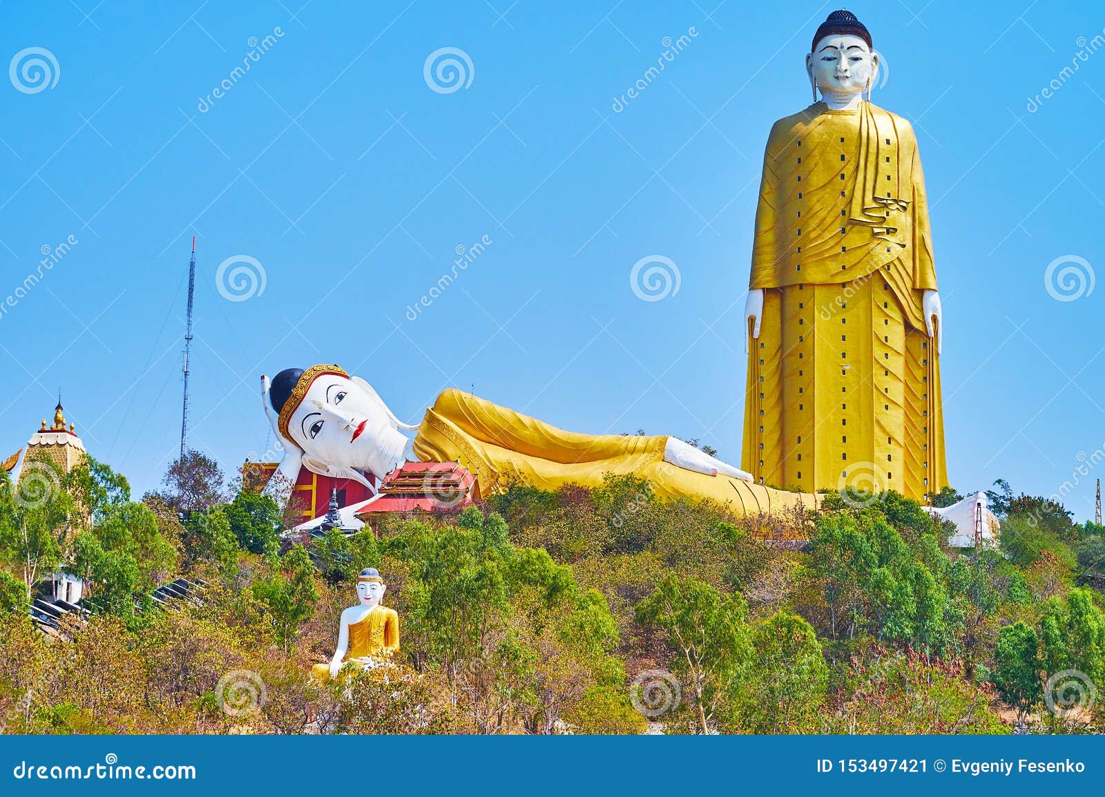 the sacred statues of maha bodhi ta htaung monastery, monywa, myanmar