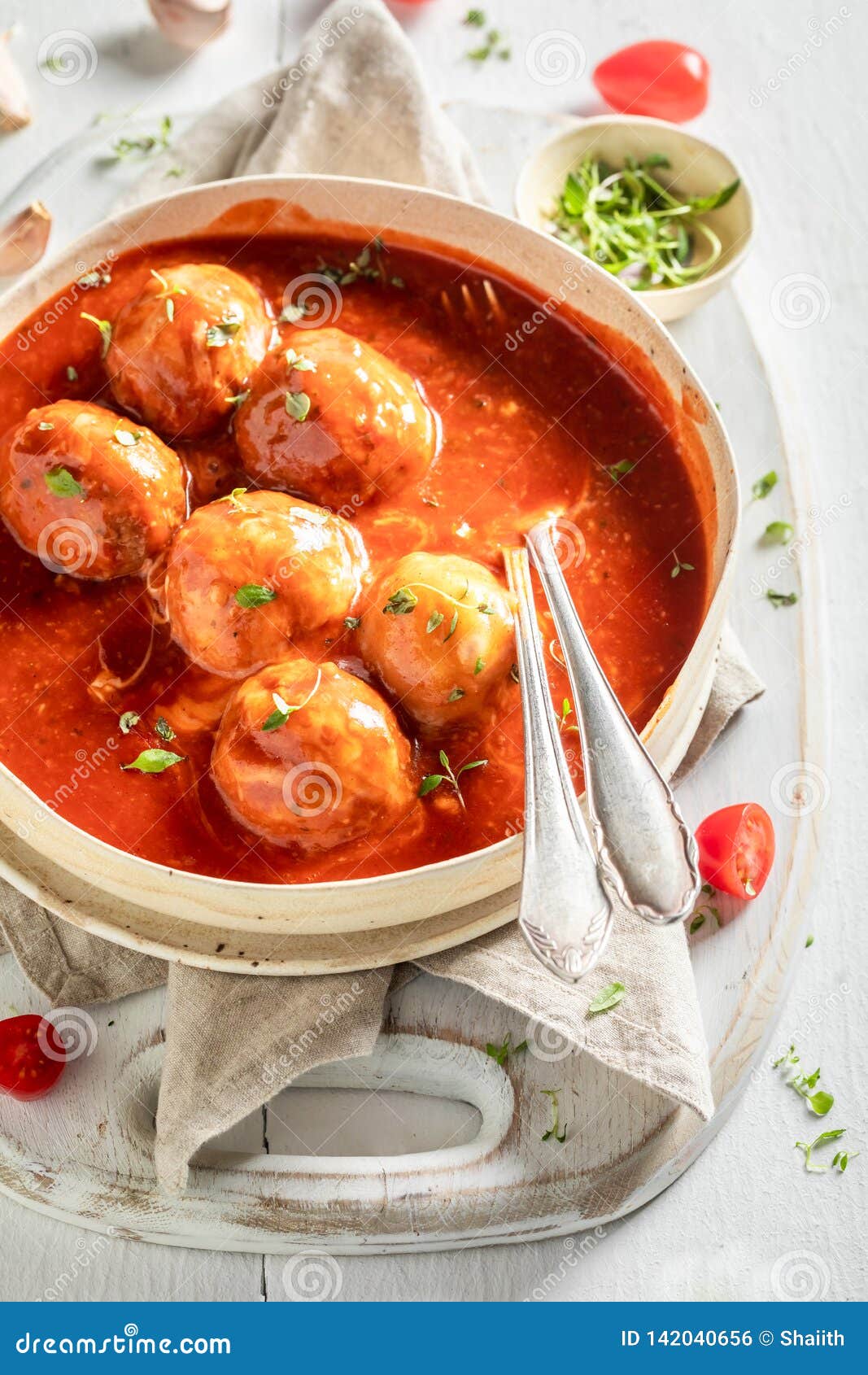 Enjoy Your Meatballs with Fresh Herbs and Tomatoes Stock Photo Image of ball, herbs 142040656