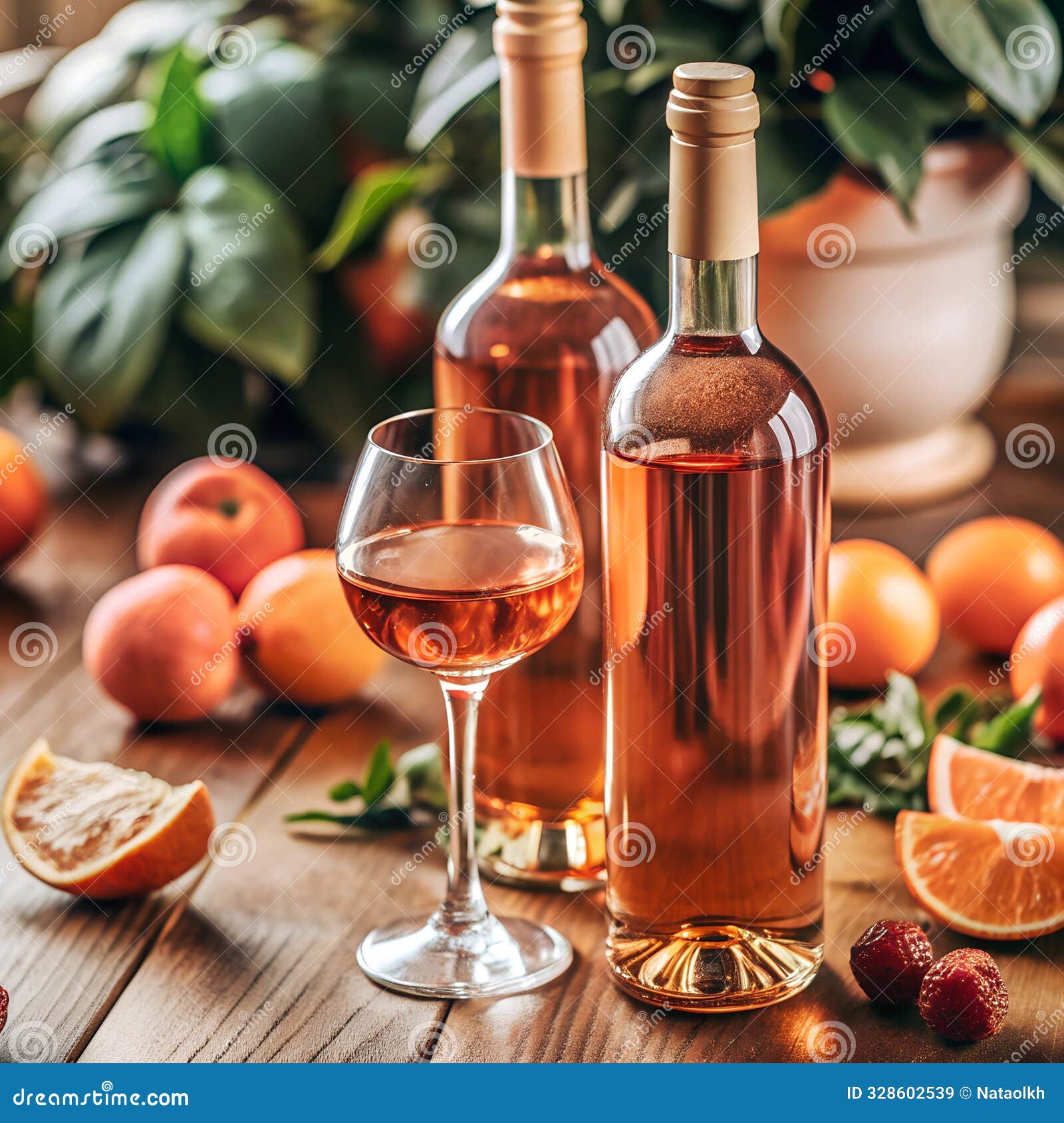 enjoying a summer evening: a glass and a bottle of fragrant orange wine.