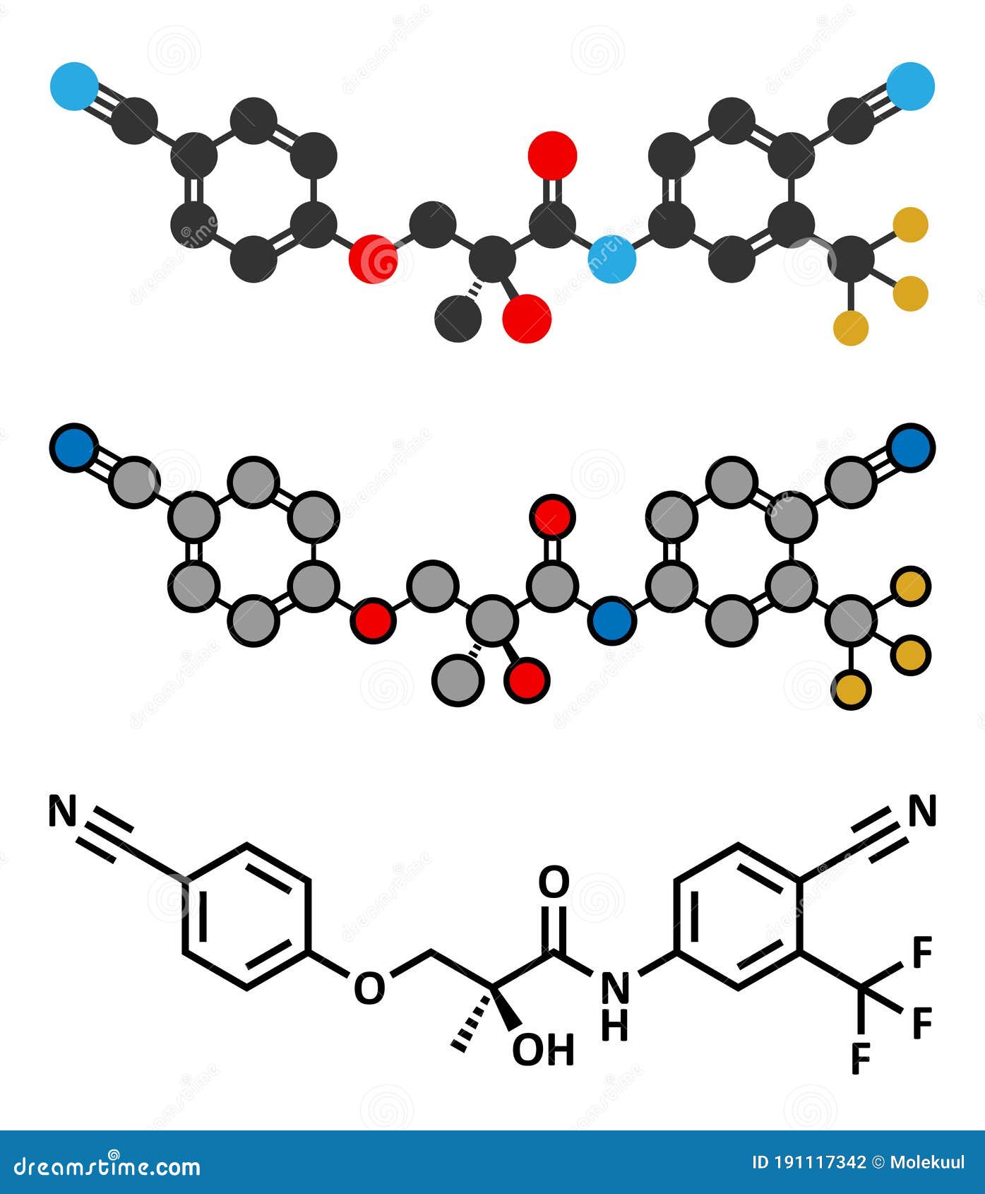 enobosarm drug molecule. stylized 2d renderings and conventional skeletal formula. selective androgen receptor modulator (sarm)