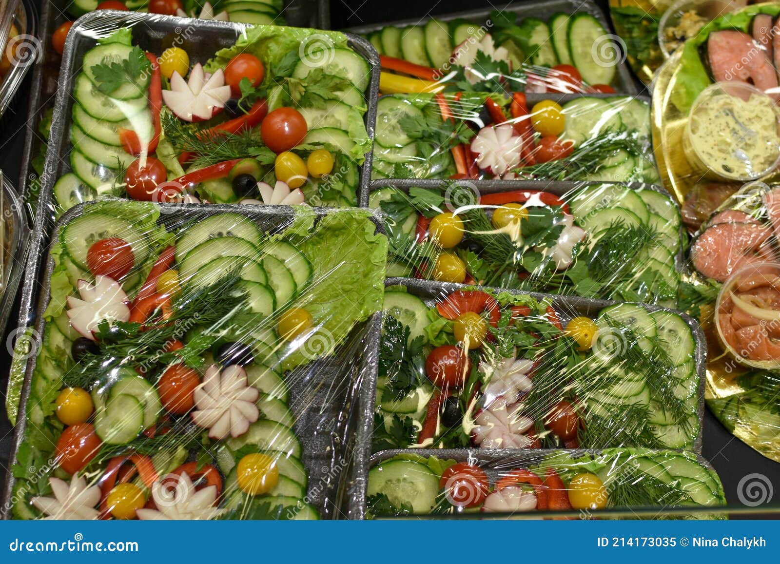 gráfico máquina de coser Tectónico Ensaladas Preparadas En Envases De Plástico. Comida Rápida Y Saludable.  Ensalada De Verduras En El Mostrador De La Tienda. Dieta V Imagen de  archivo - Imagen de colorido, alimento: 214173035