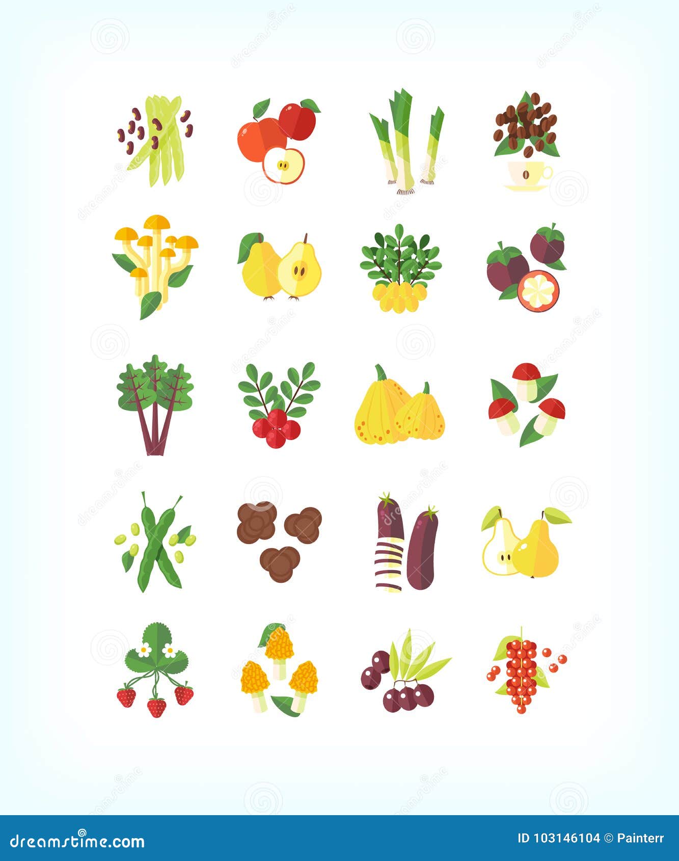Ensemble d'aliment biologique de végétarien de vecteur Ensemble plat d'icône de fruits et légumes