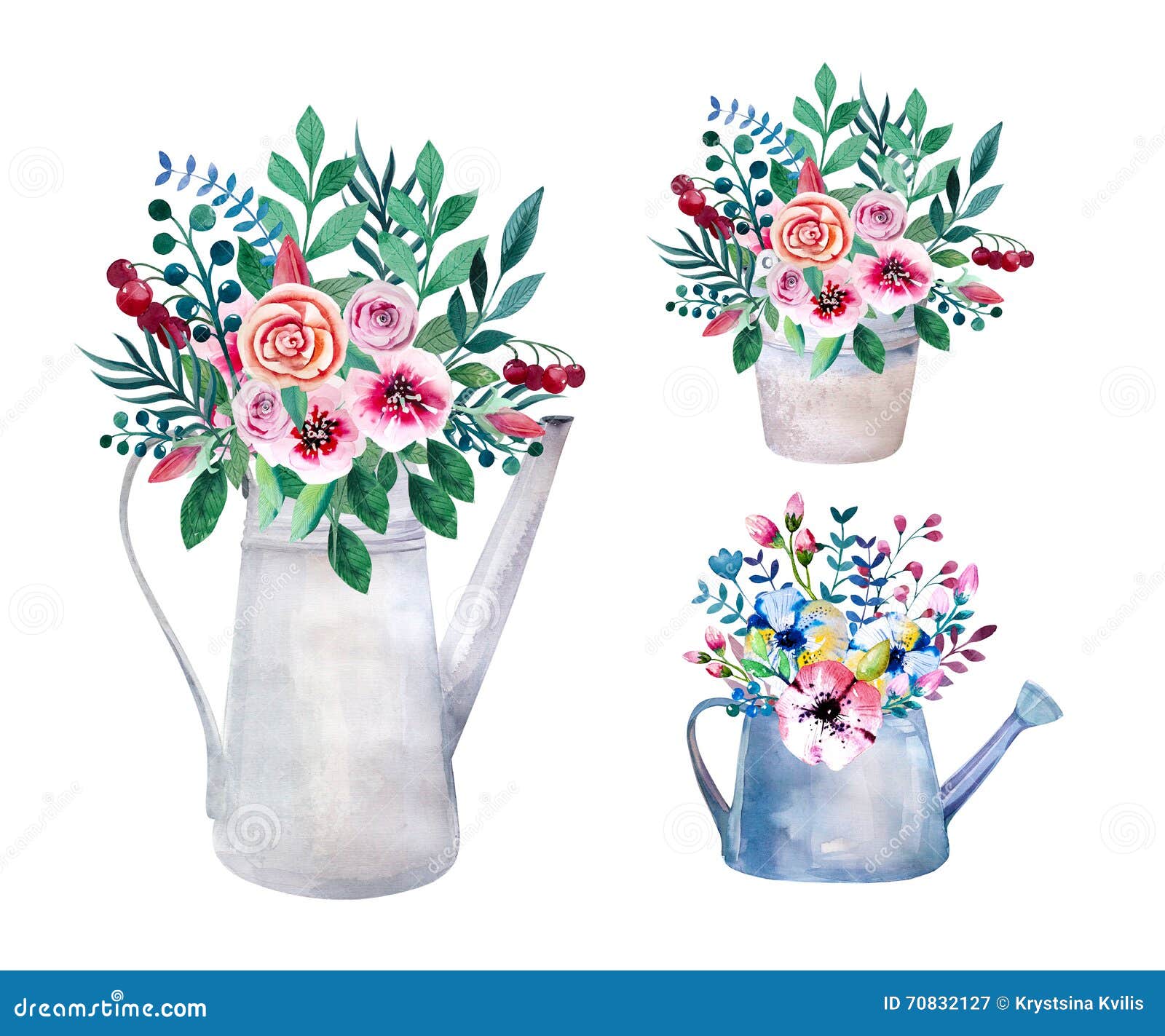 Ensemble De Bouquets D'aquarelle Fleurs De Ressort Dans Le Pot Rustique  Illustration Stock - Illustration du lavande, flowerpot: 70832127