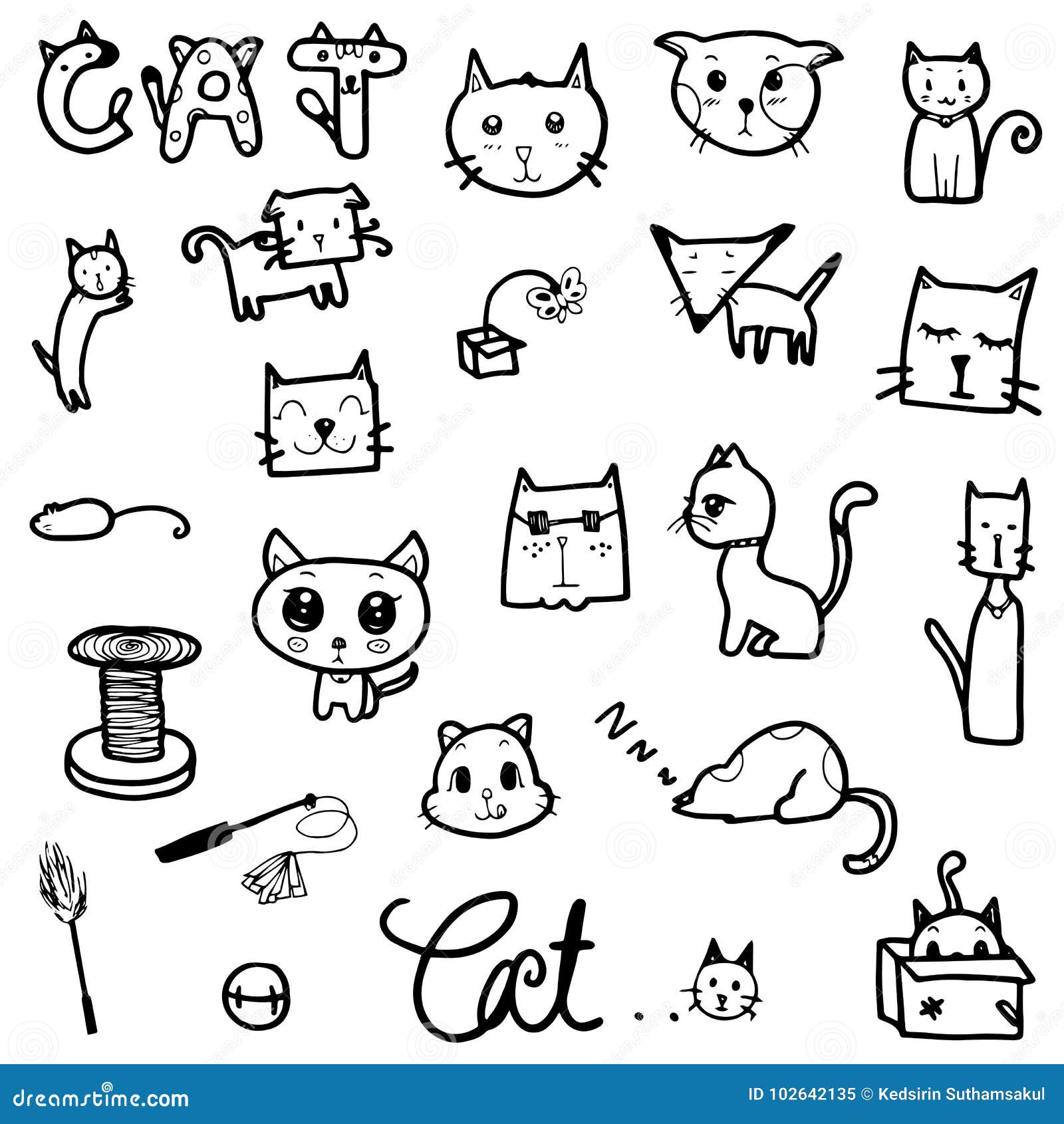 Ensemble De Vecteur De Dessiner Le Chat Mignon Dans La Ligne De Noir De Griffonnage Sur Le Fond Blanc Illustration De Vecteur Illustration Du Domestique Dessine
