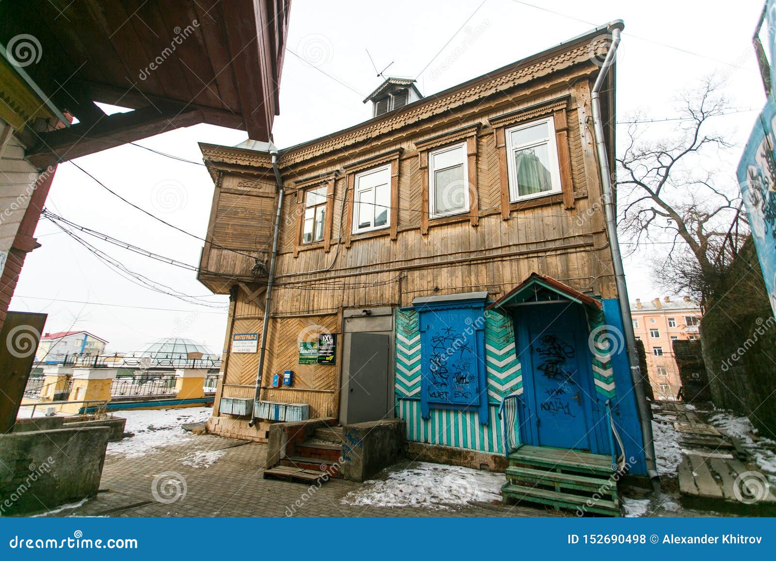 The ensemble of historic wooden houses in the center of Vladivostok