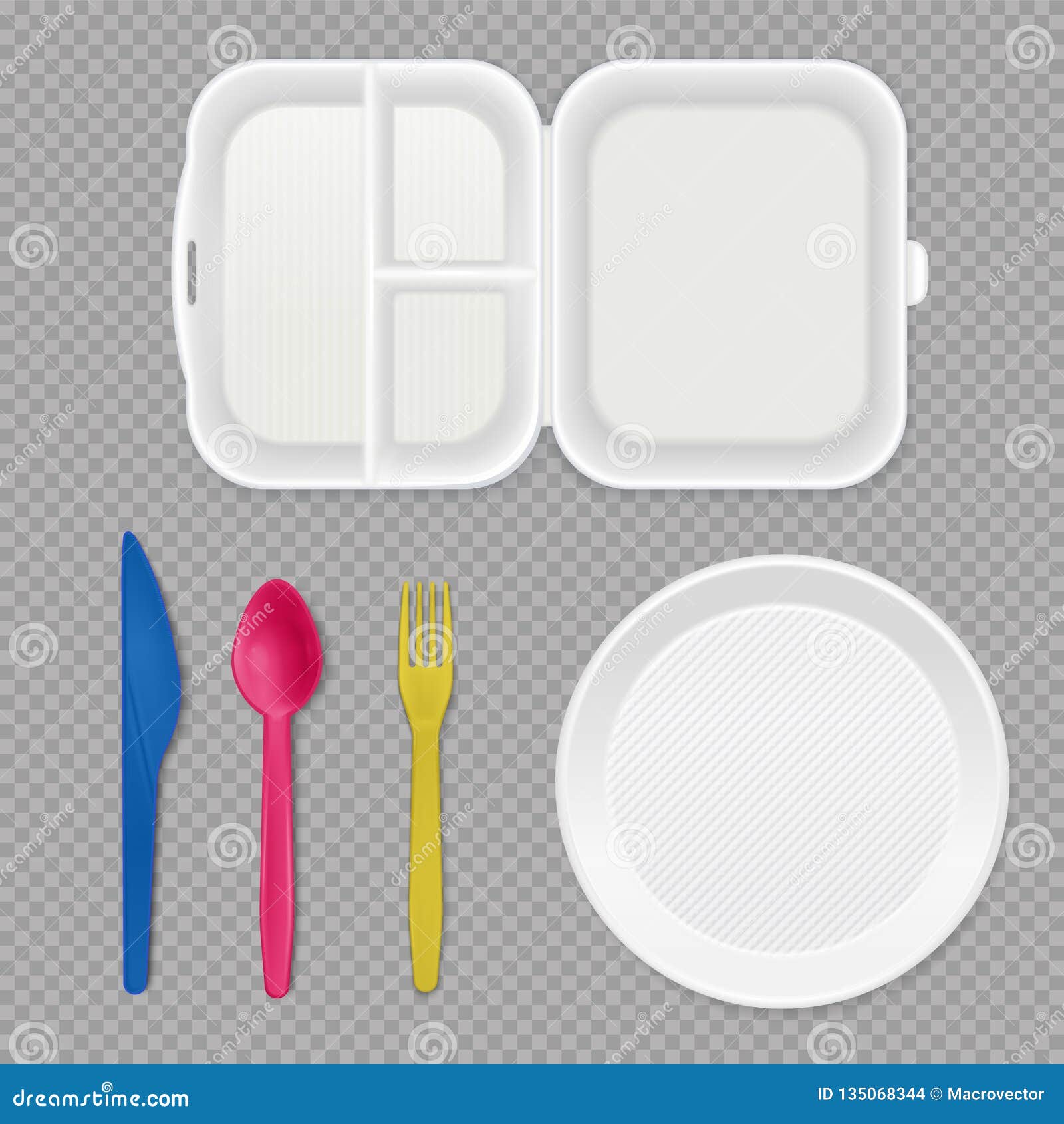 Vaisselle Jetable Ensemble Réaliste De Tasse En Plastique Fourchette  Cuillère Assiette Et Boîte à Lunch Illustration Vectorielle Isolée