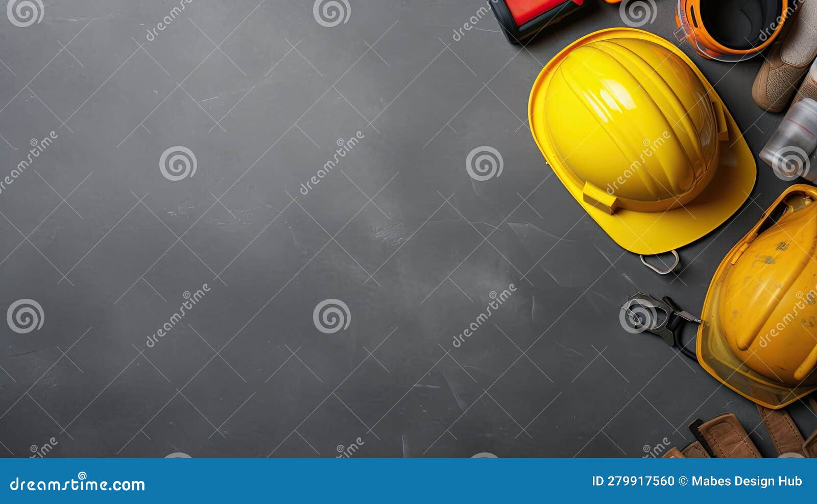 ensuring safety excellence: top view of construction industry safety items on gray background