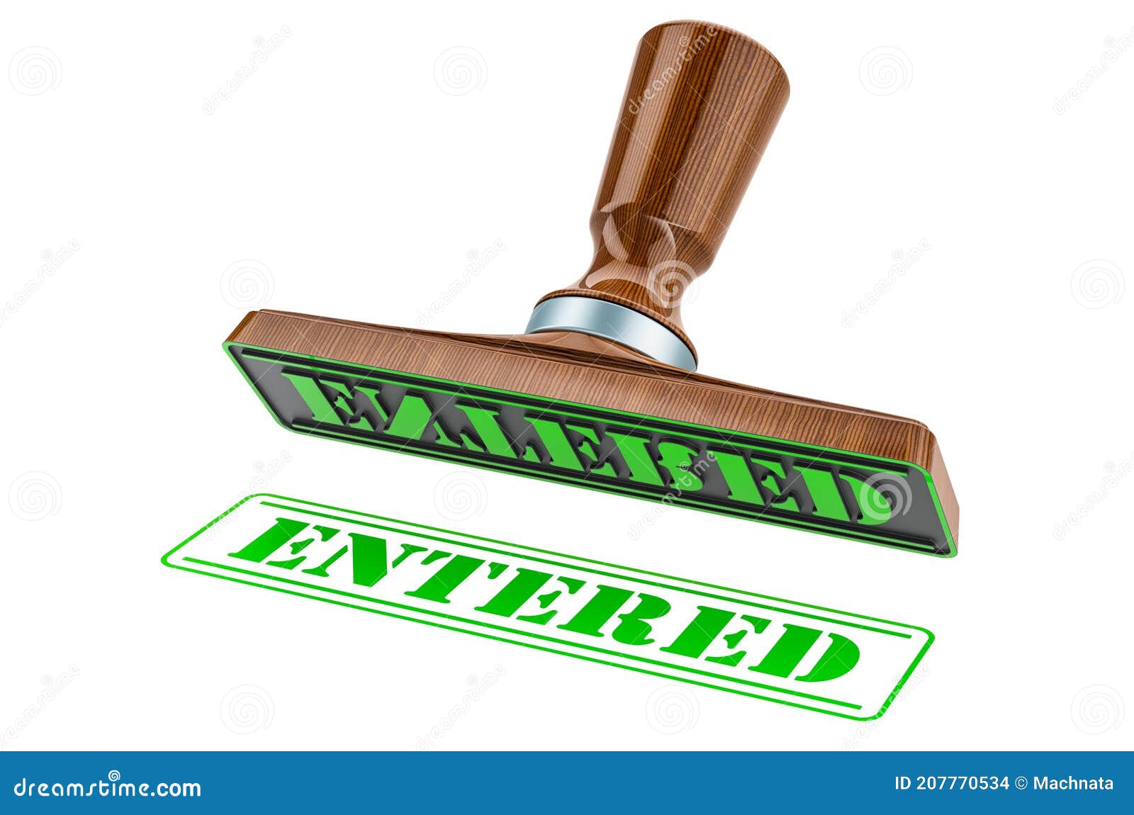 entered stamp. wooden stamper, seal with text entered, 3d rendering