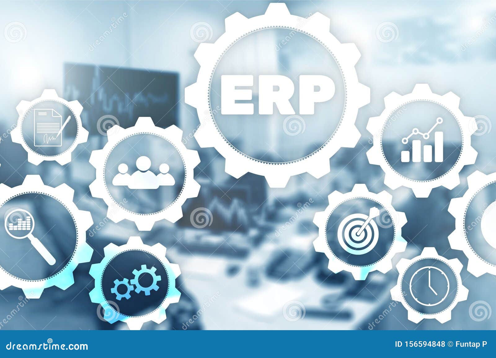 enterprise resource planning on office background. automation and innovation concept. erp